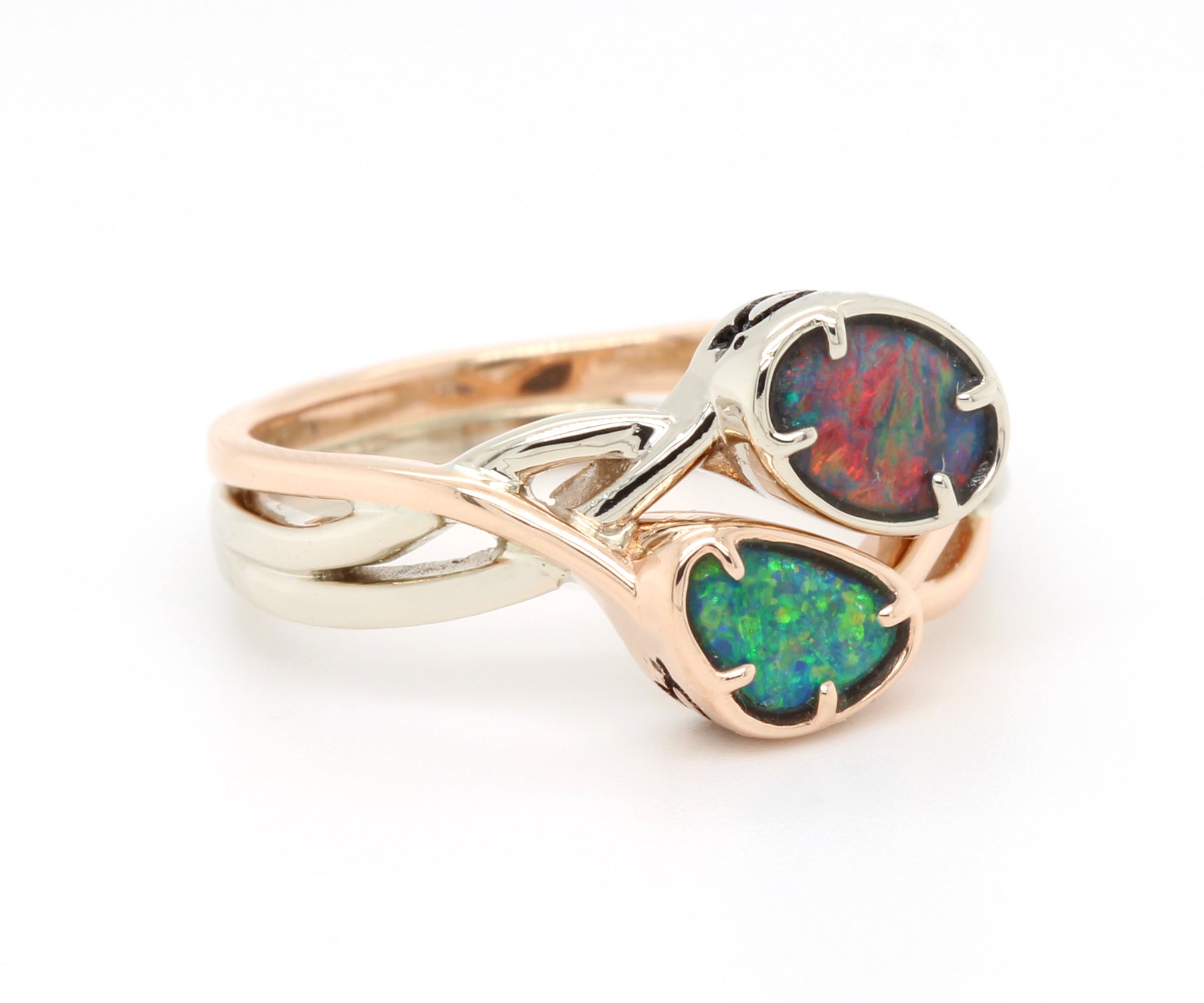 Two Tone Interlocking Black Opal Wedding Ring