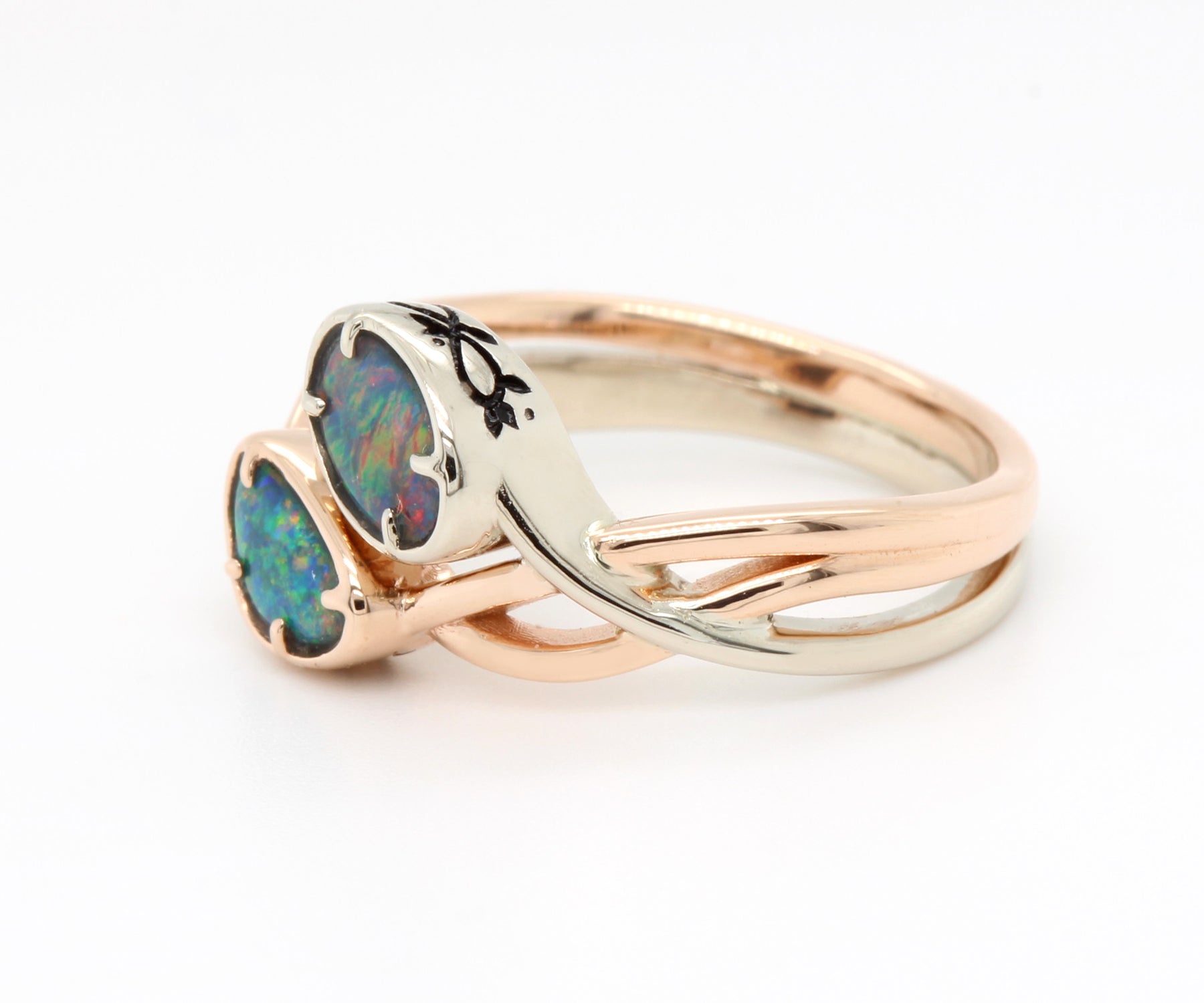Two Tone Interlocking Black Opal Wedding Ring