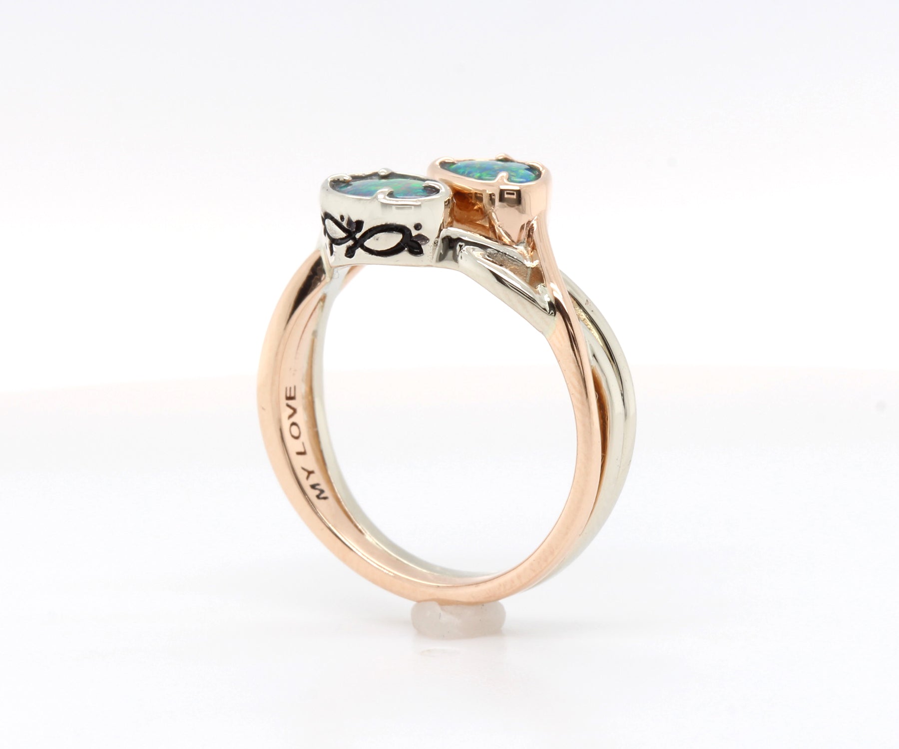 Two Tone Interlocking Black Opal Wedding Ring