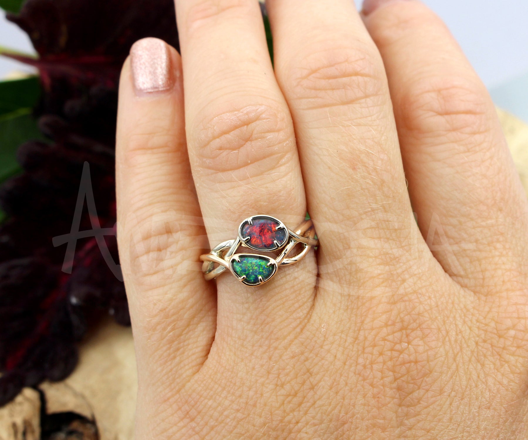 Two Tone Interlocking Black Opal Wedding Ring