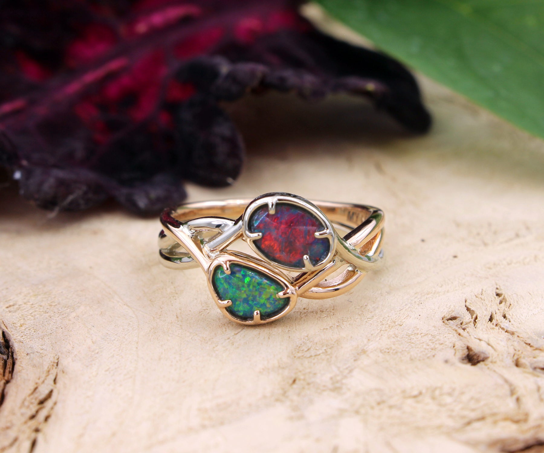 Two Tone Interlocking Black Opal Wedding Ring