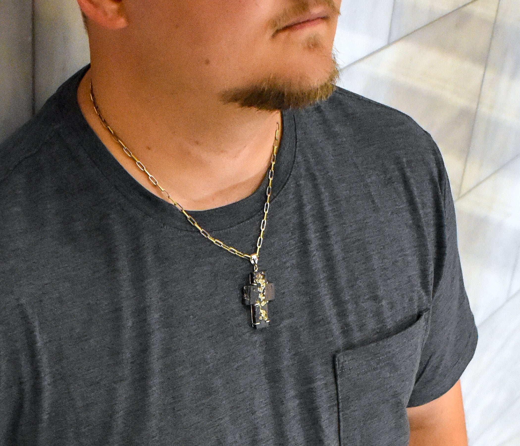 Textured Nugget Pyrite Cross Necklace