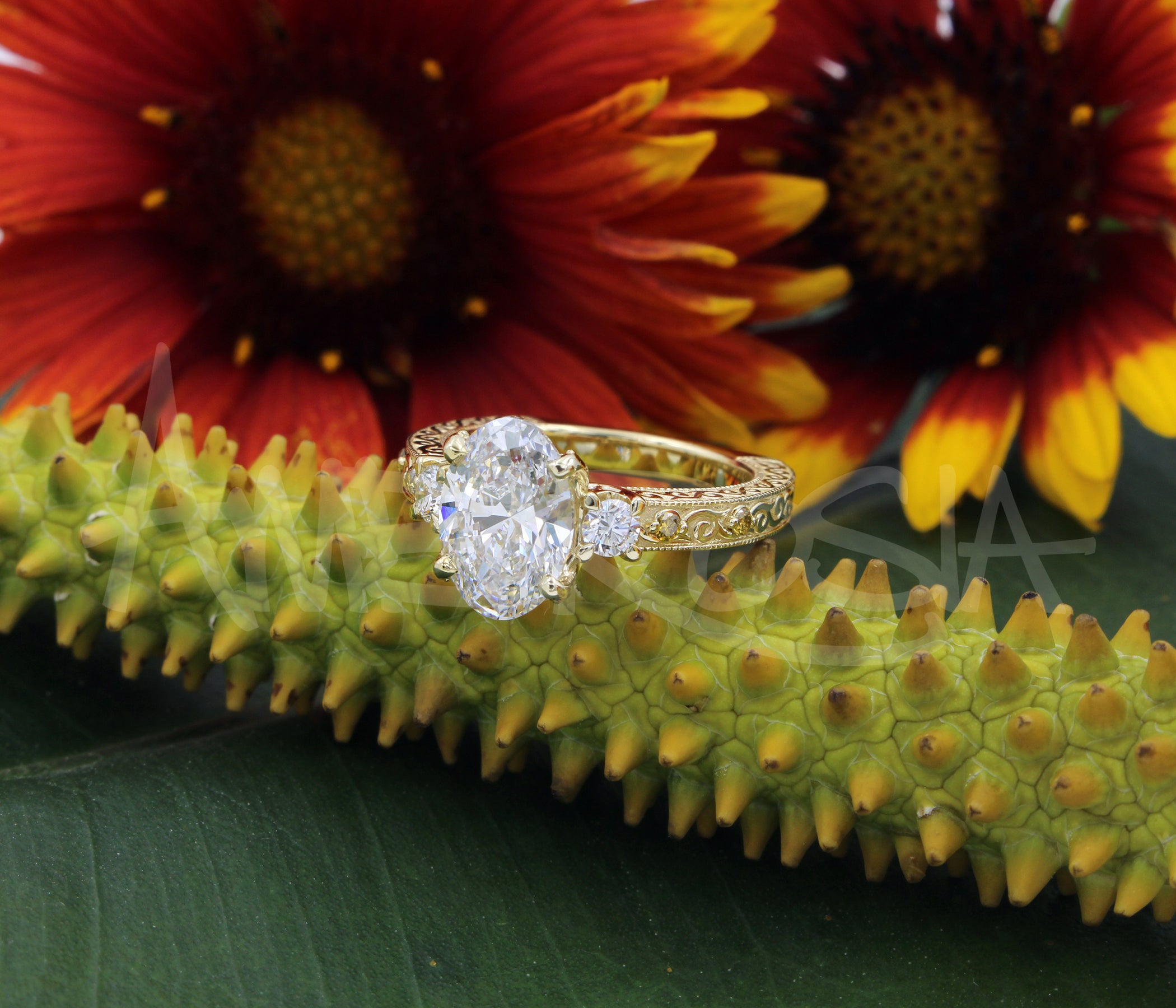 Three Stone Oval Vintage Engraved Engagement Ring