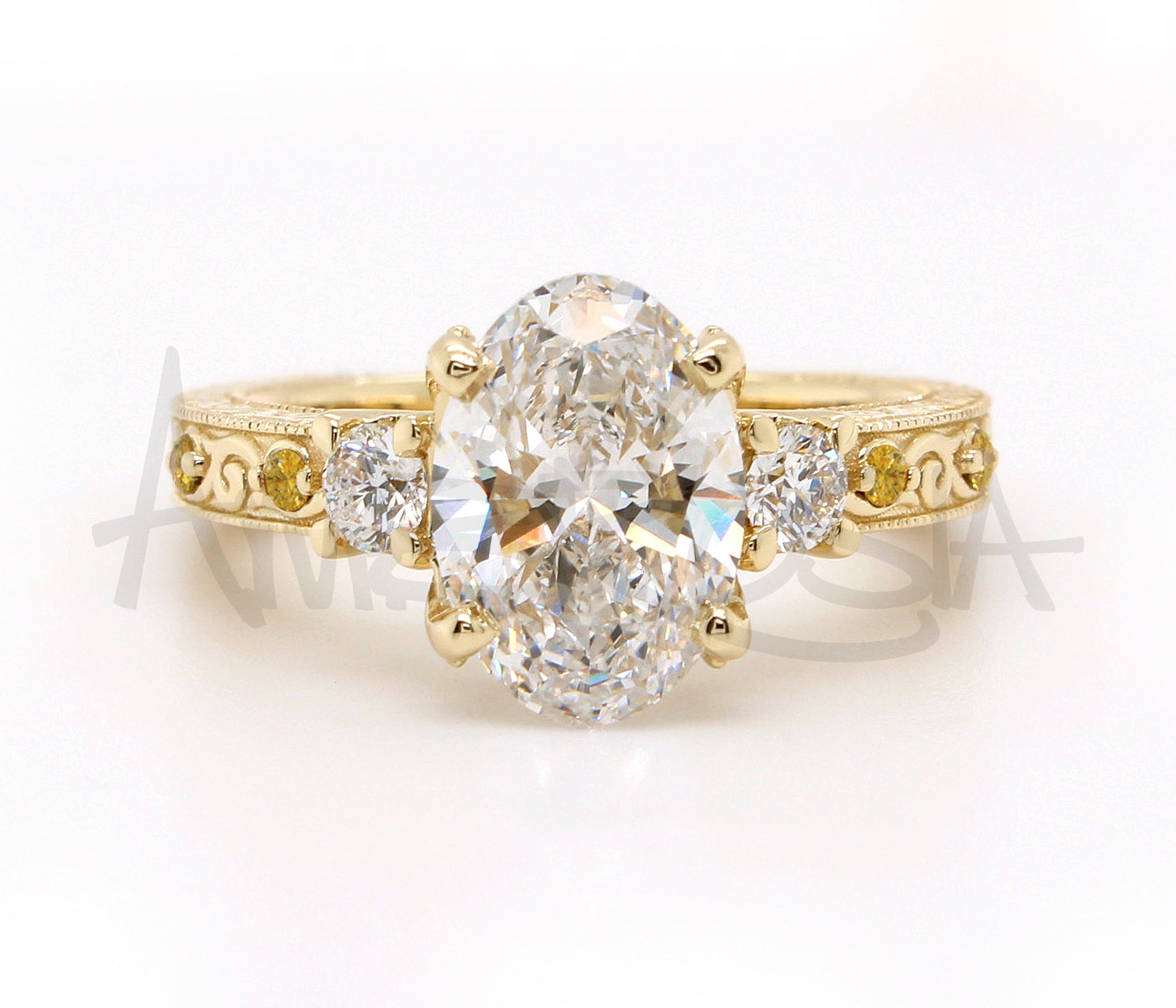 Three Stone Oval Vintage Engraved Engagement Ring