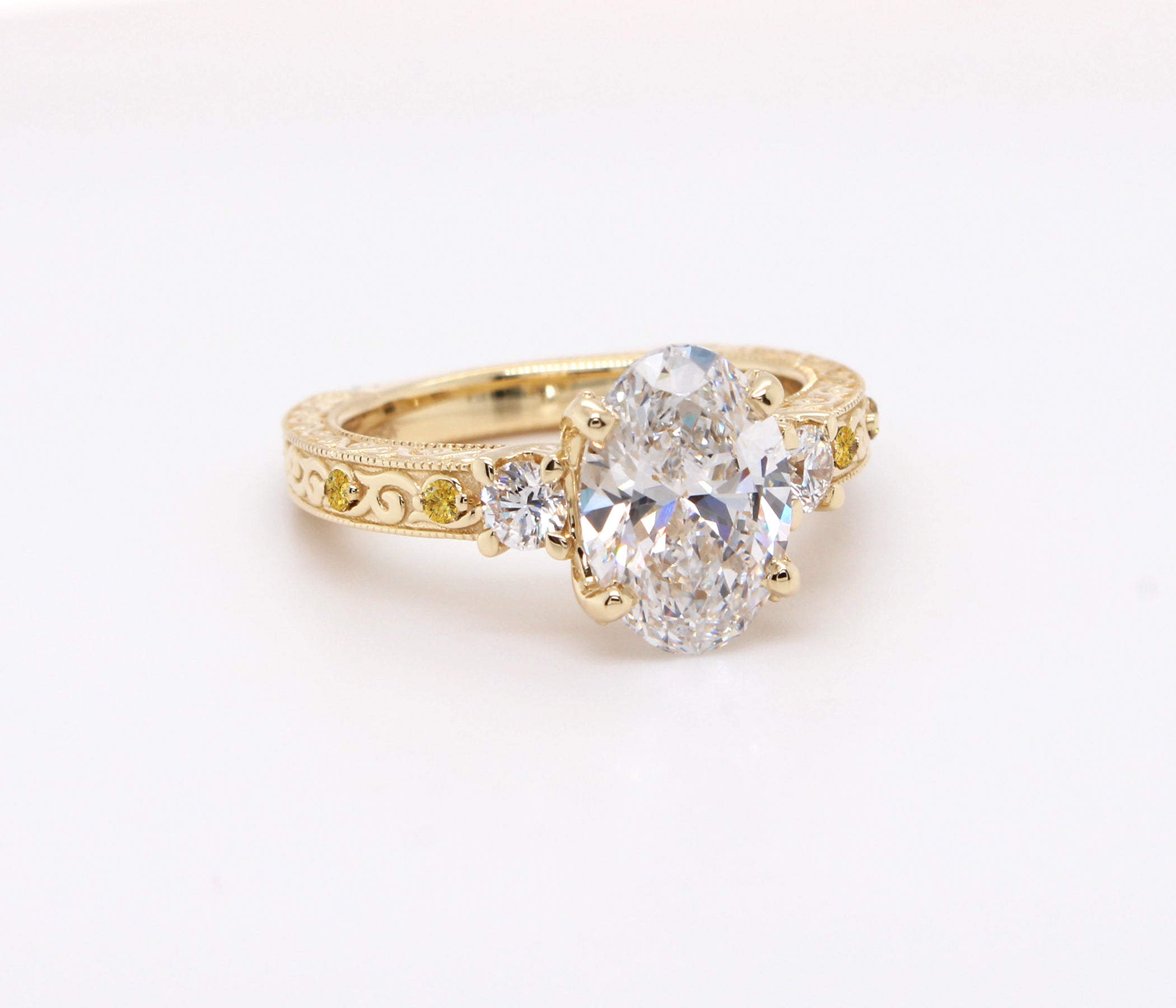 Three Stone Oval Vintage Engraved Engagement Ring