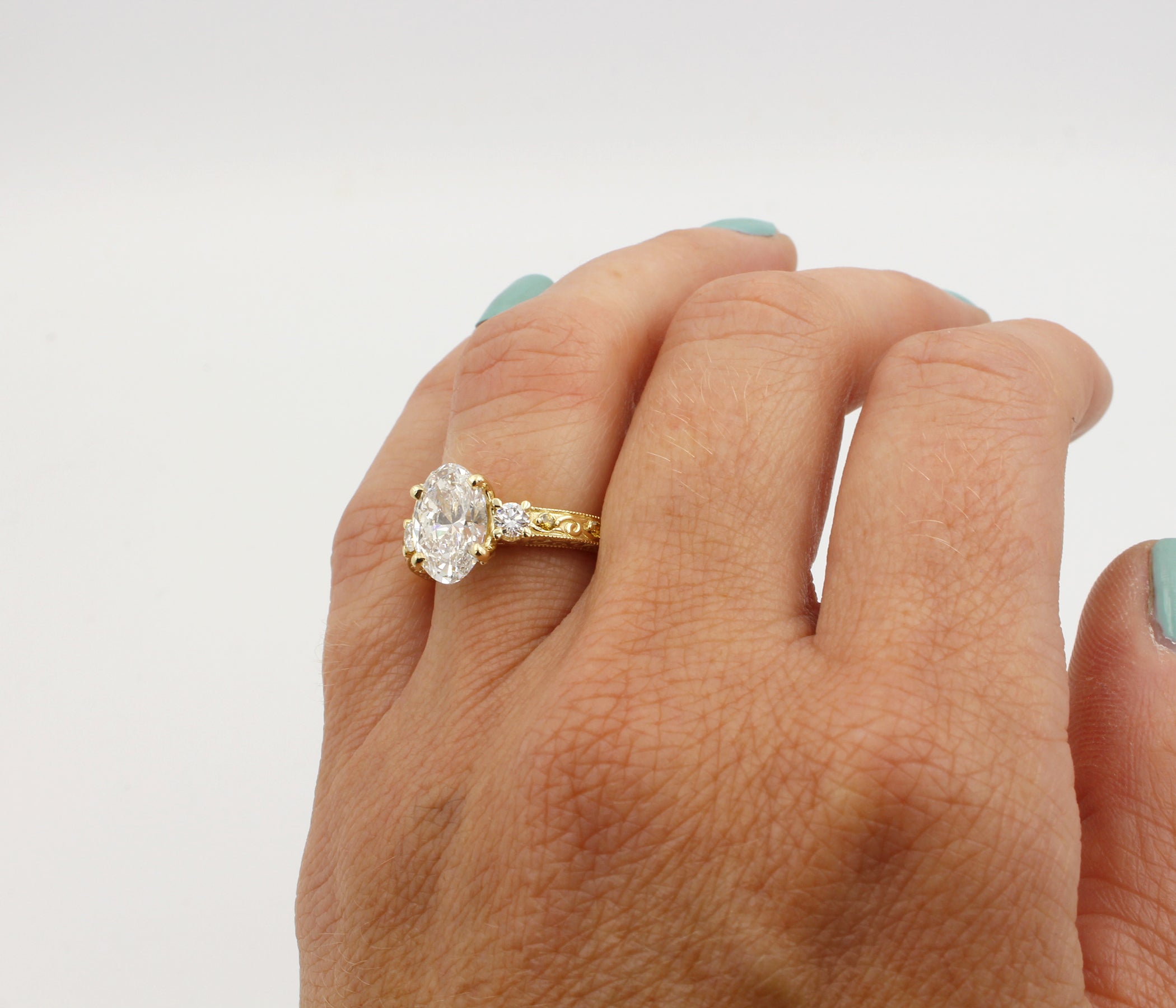 Three Stone Oval Vintage Engraved Engagement Ring