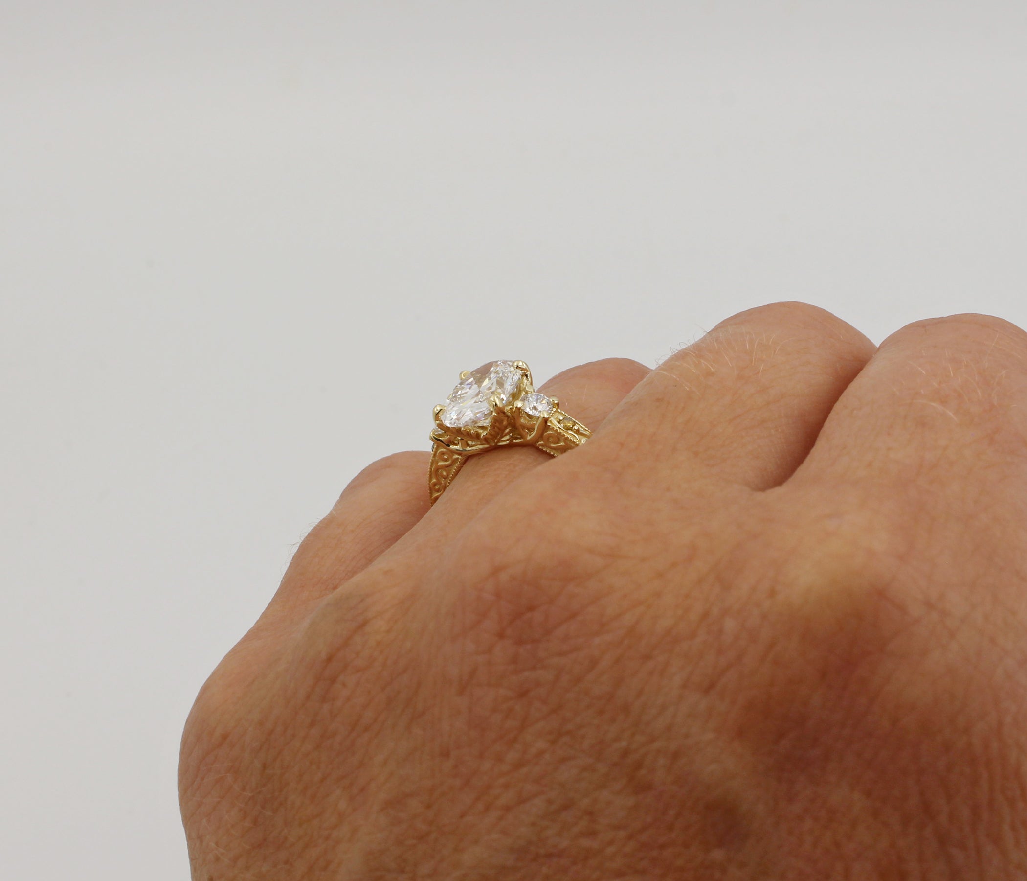 Three Stone Oval Vintage Engraved Engagement Ring