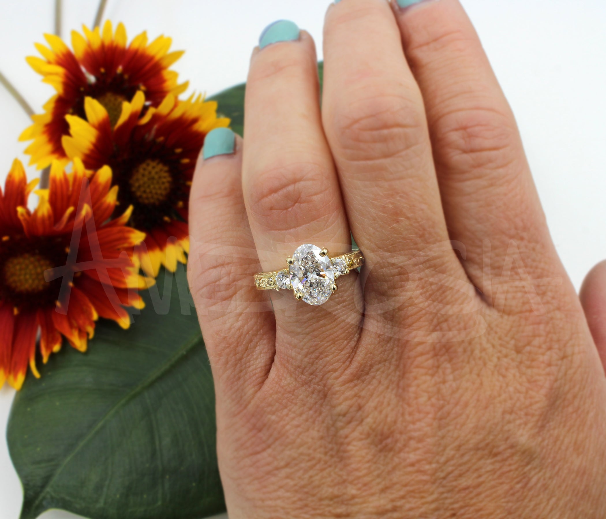 Three Stone Oval Vintage Engraved Engagement Ring