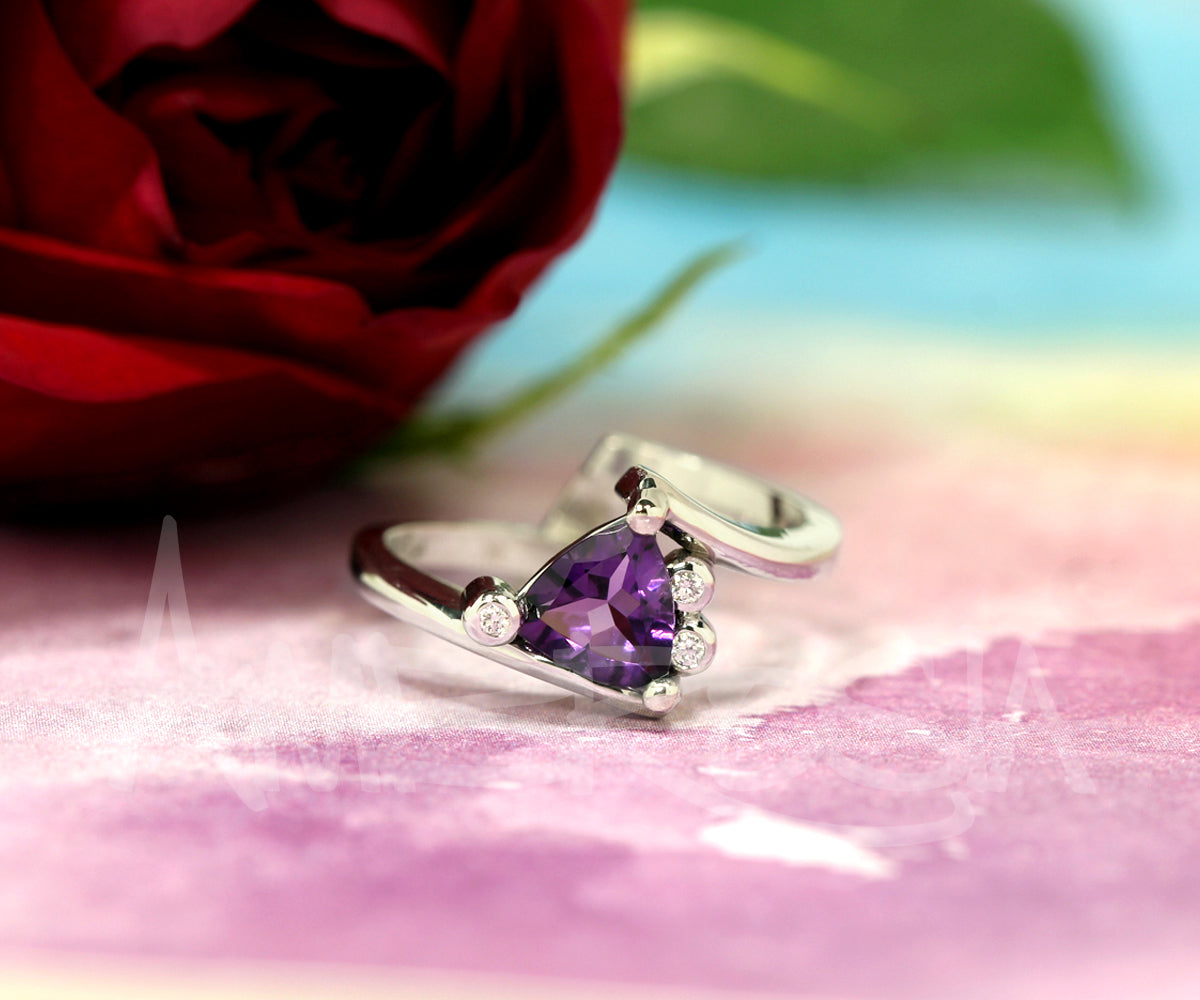 Amethyst Trillion Diamond Twist Bypass Modern Wedding Ring