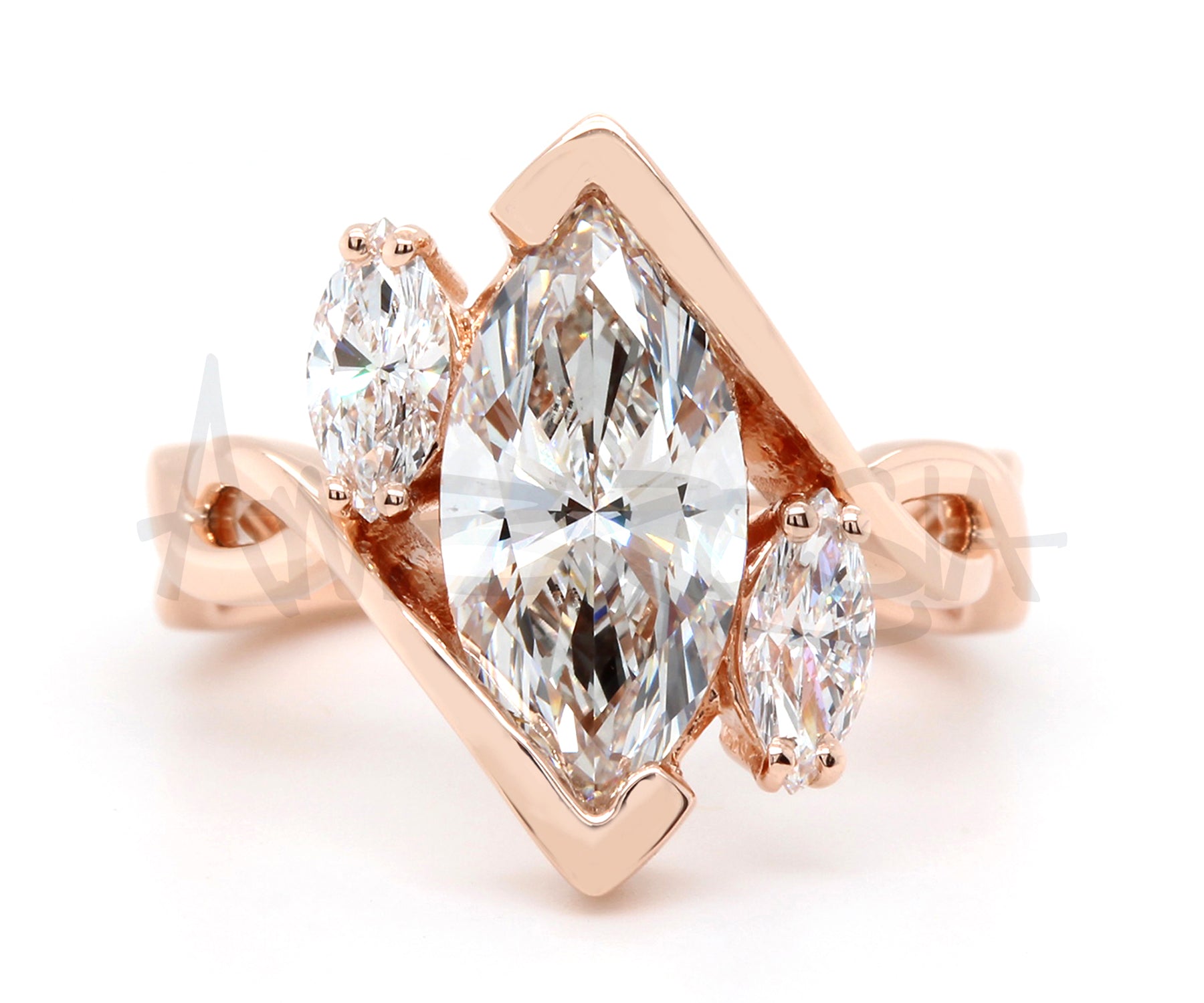 Twist Three Marquise Diamond Rose Gold Engagement Ring