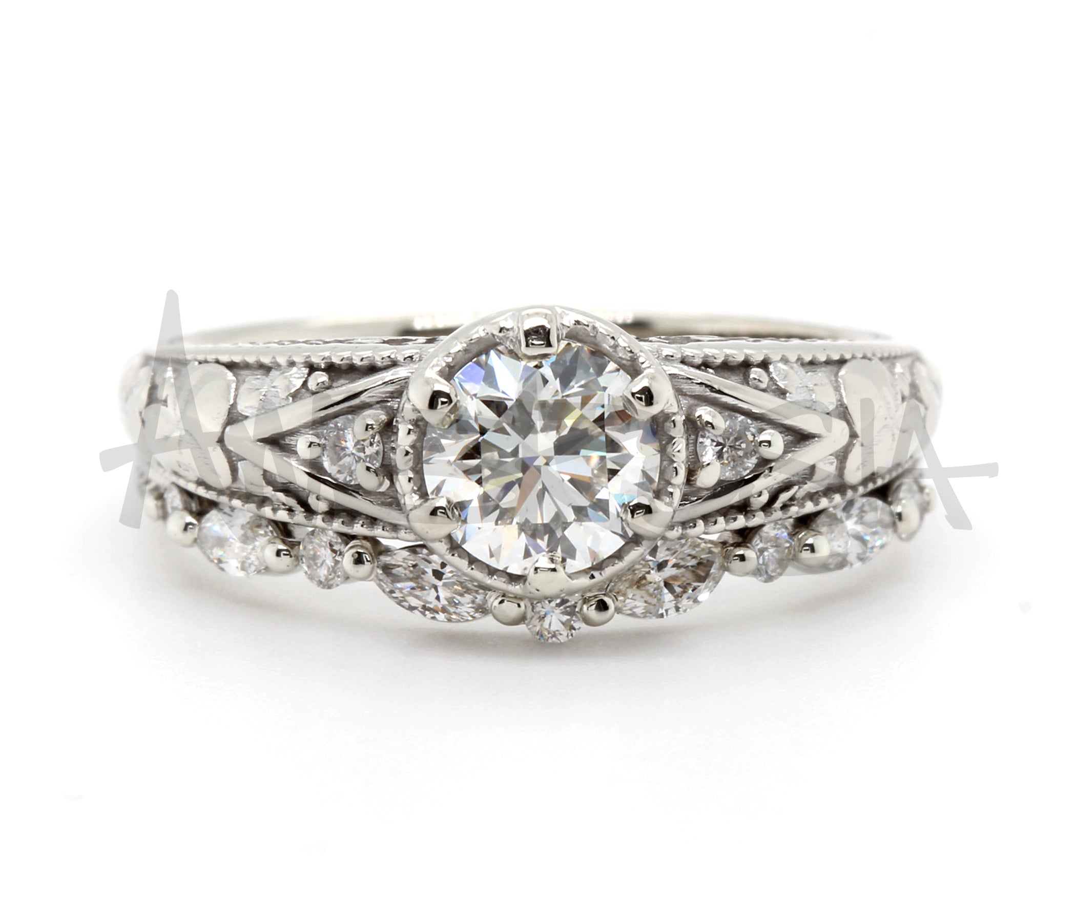 Vintage Floral Filigree Engraved Wedding Ring Set