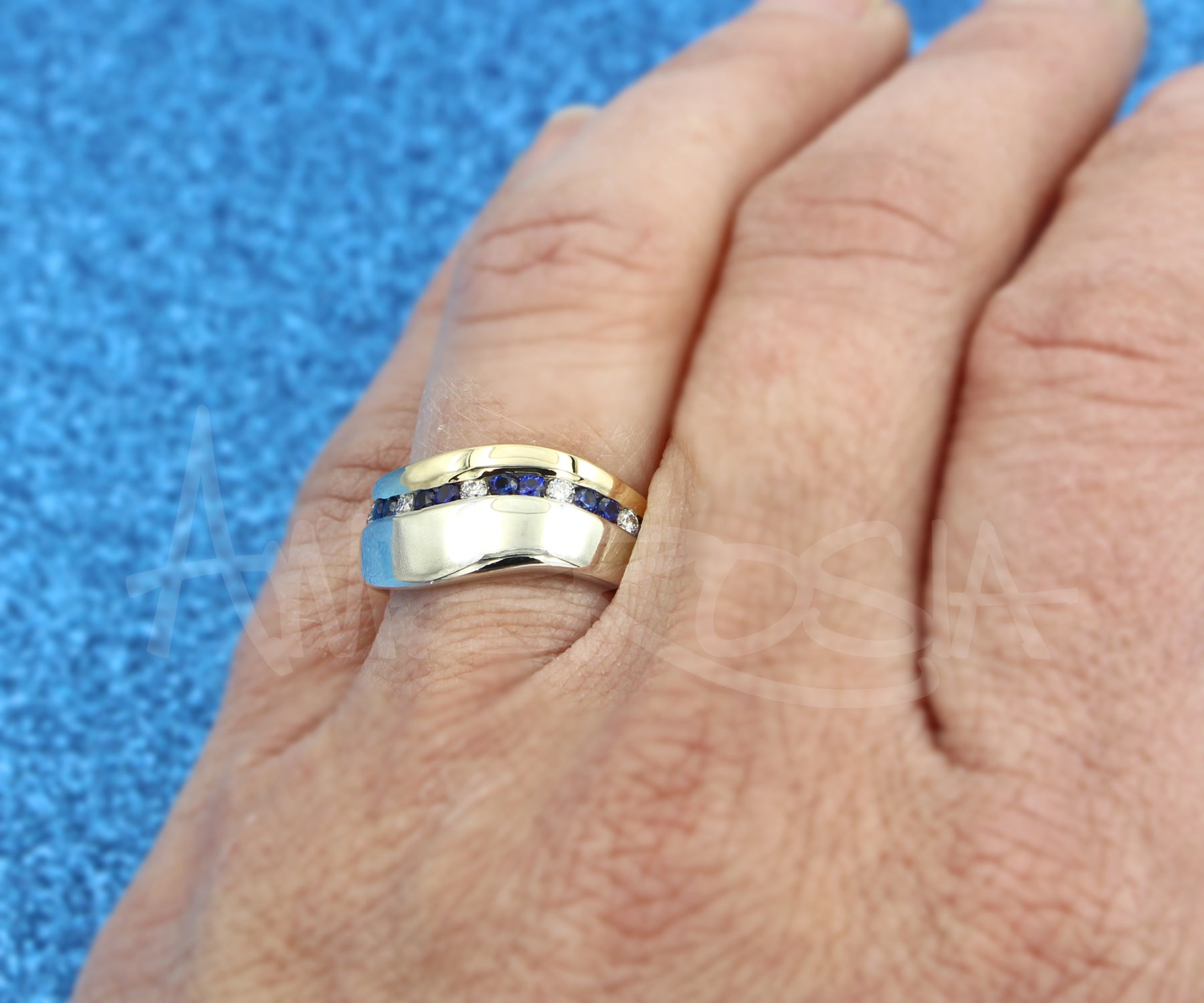 Wavy Two Tone Sapphire Diamond Channel Wedding Band