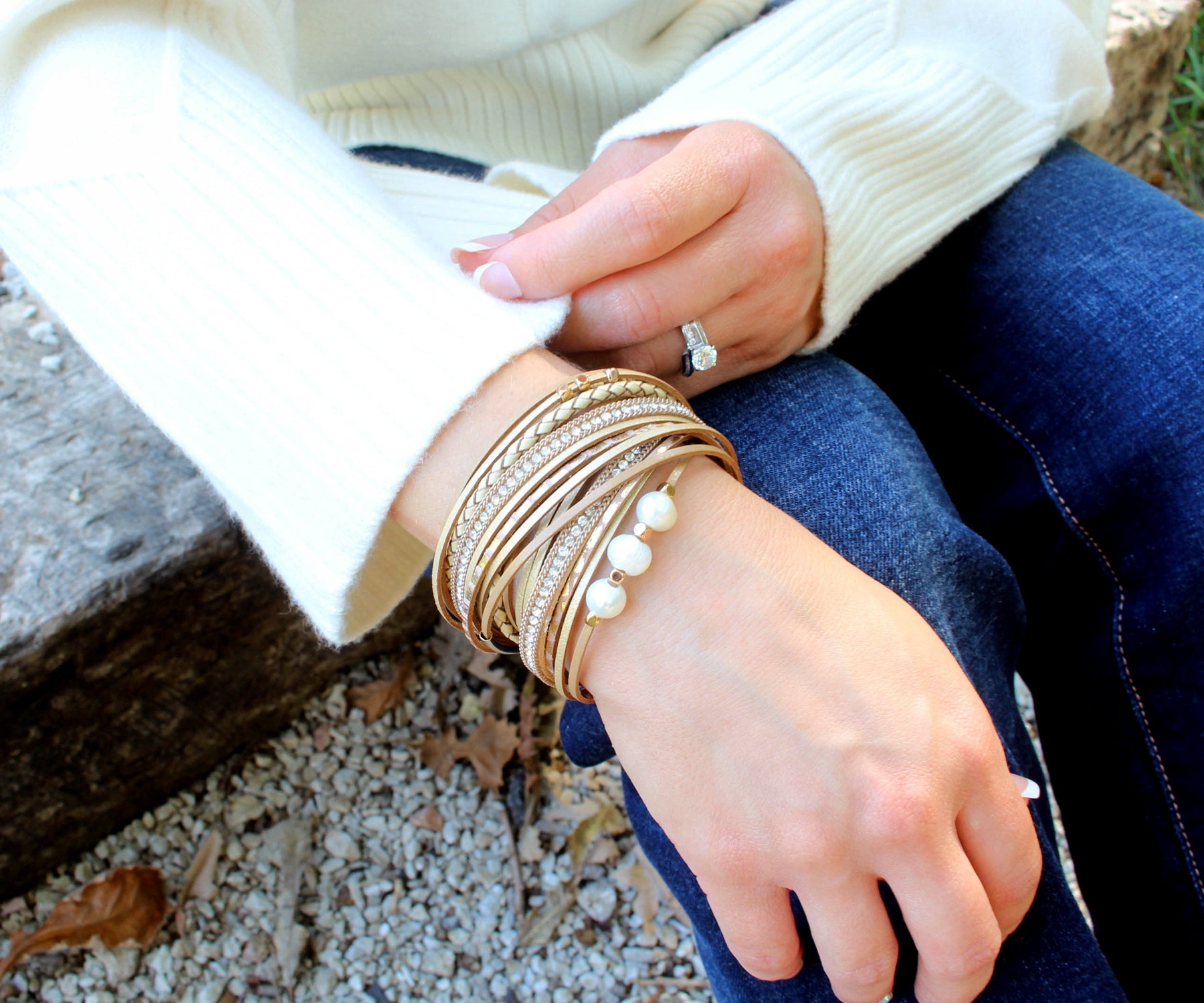 Double Wrap Pearl Sparkly Tan Leather Bracelet