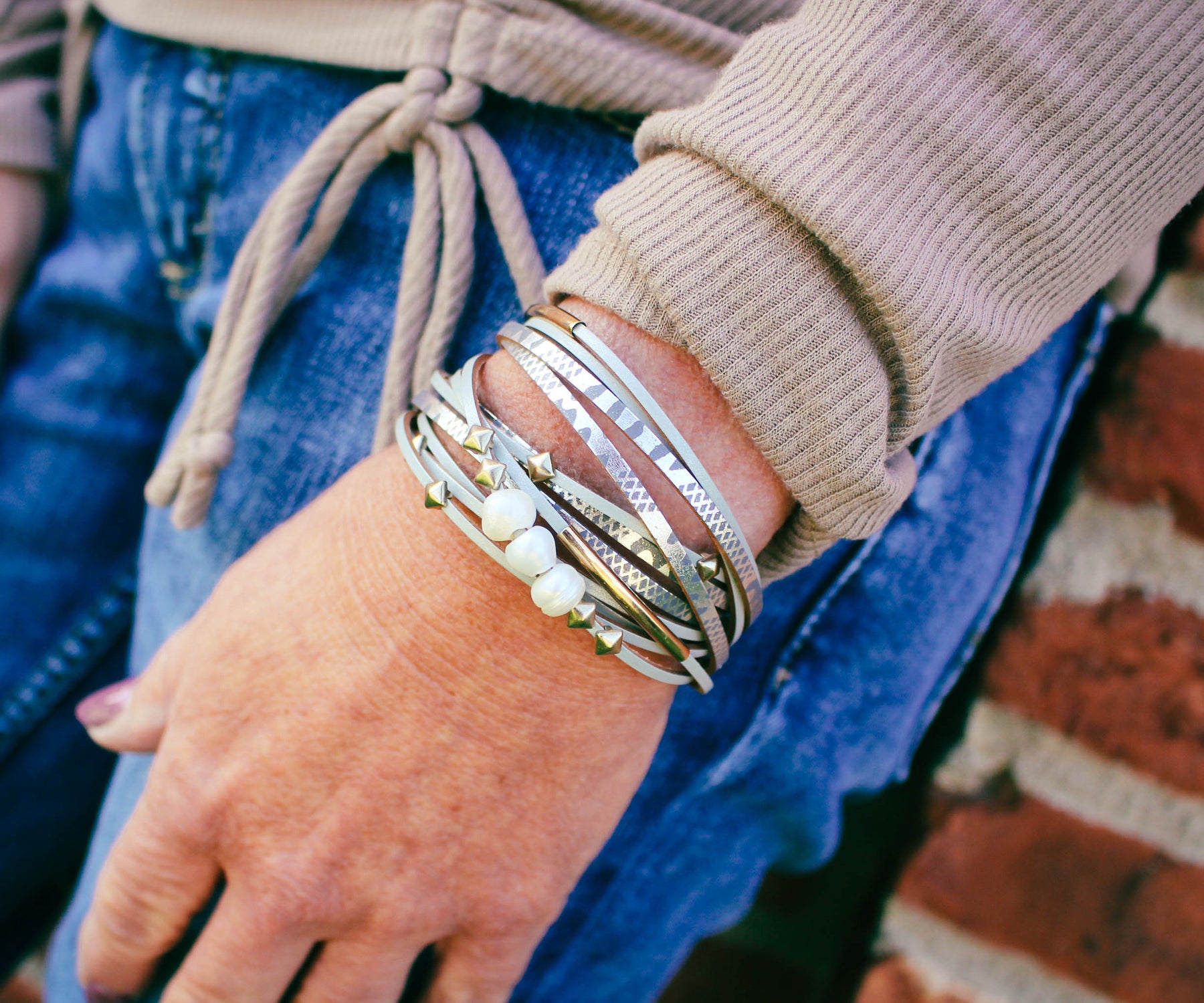 Geometric Gray Double Wrap Gold Pearl Bracelet
