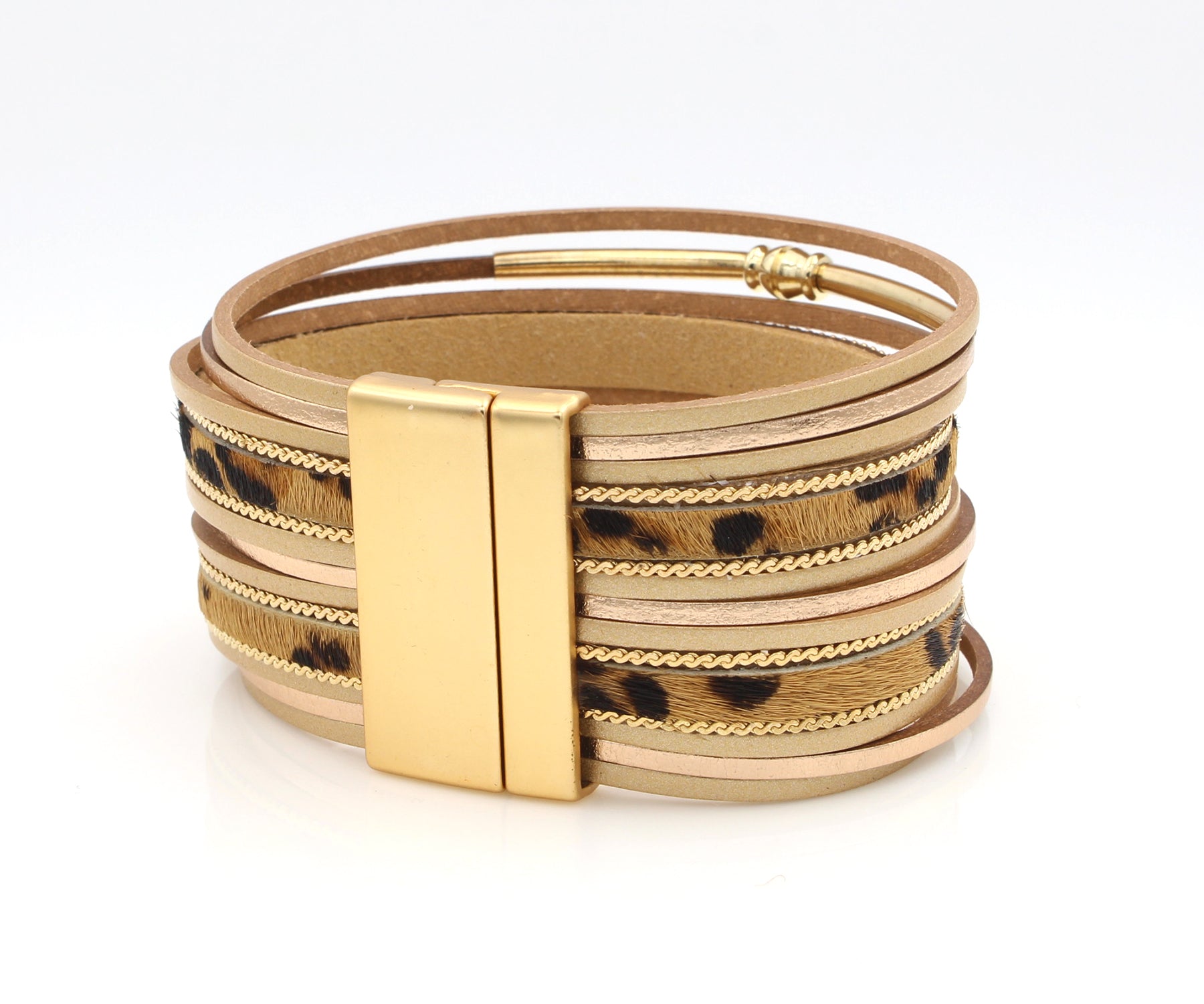 Elegant Animal Print Gold Tan Leather Bracelet