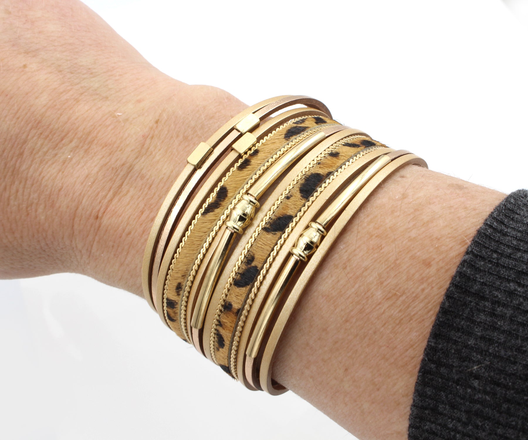 Elegant Animal Print Gold Tan Leather Bracelet
