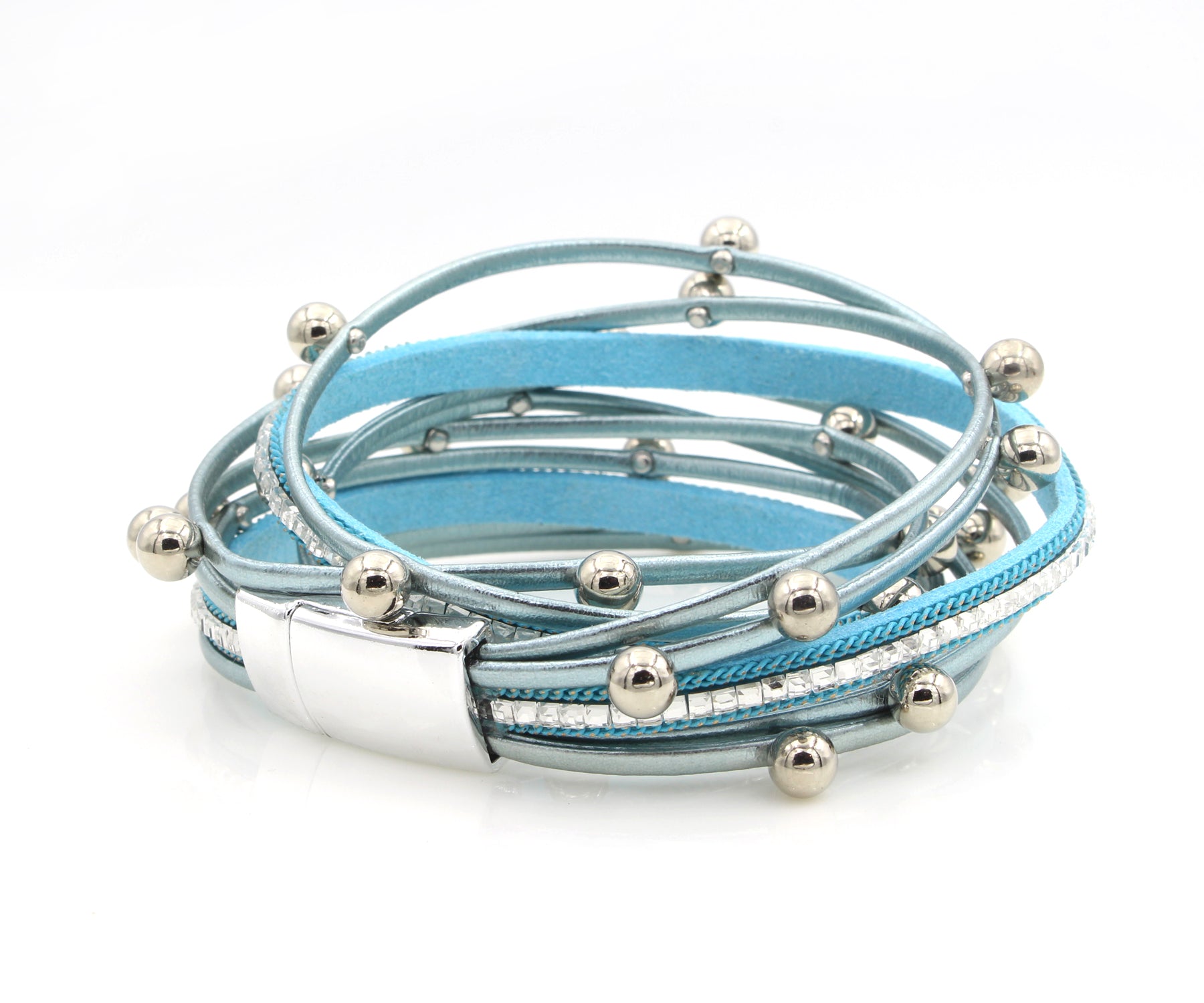 Pulsera de cuero azul con doble vuelta y cuentas