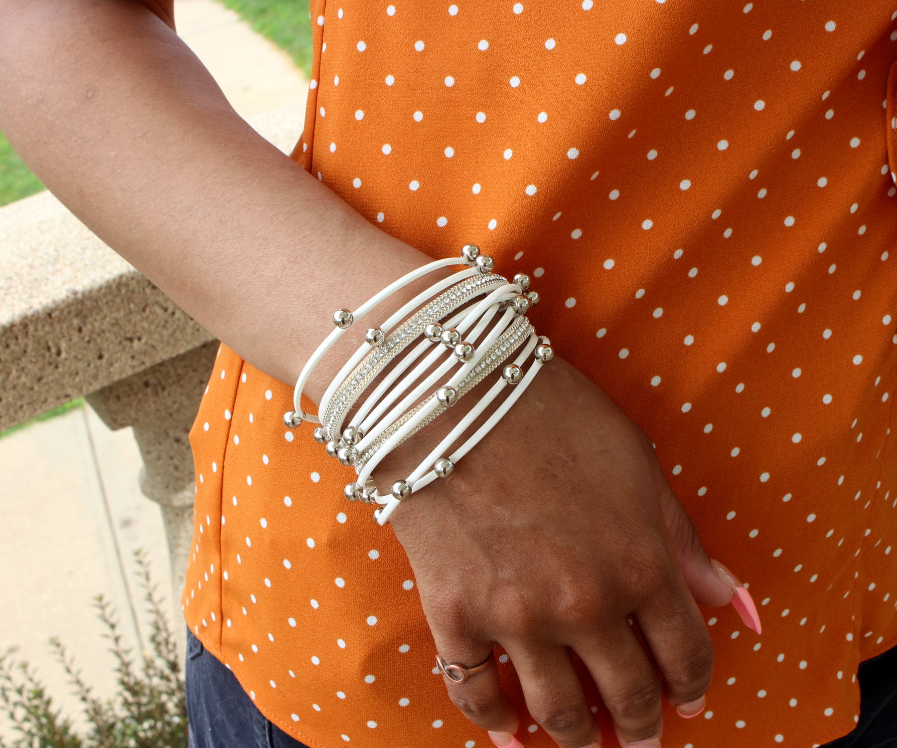 Beaded White Double Wrap Leather Bracelet