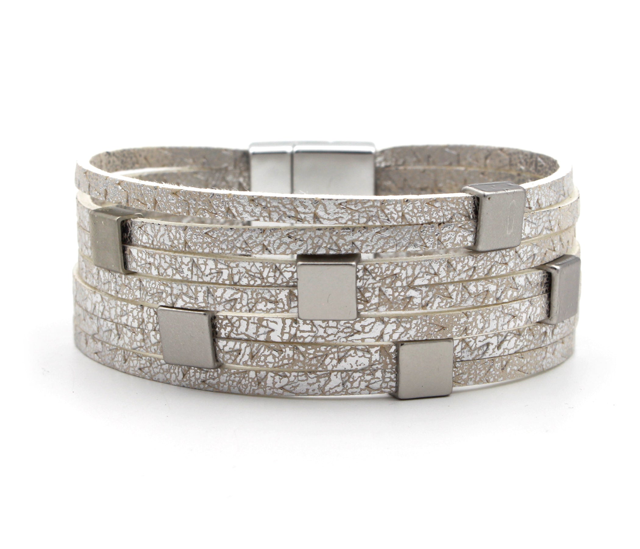 Multirow Cube Silver Leather Bracelet
