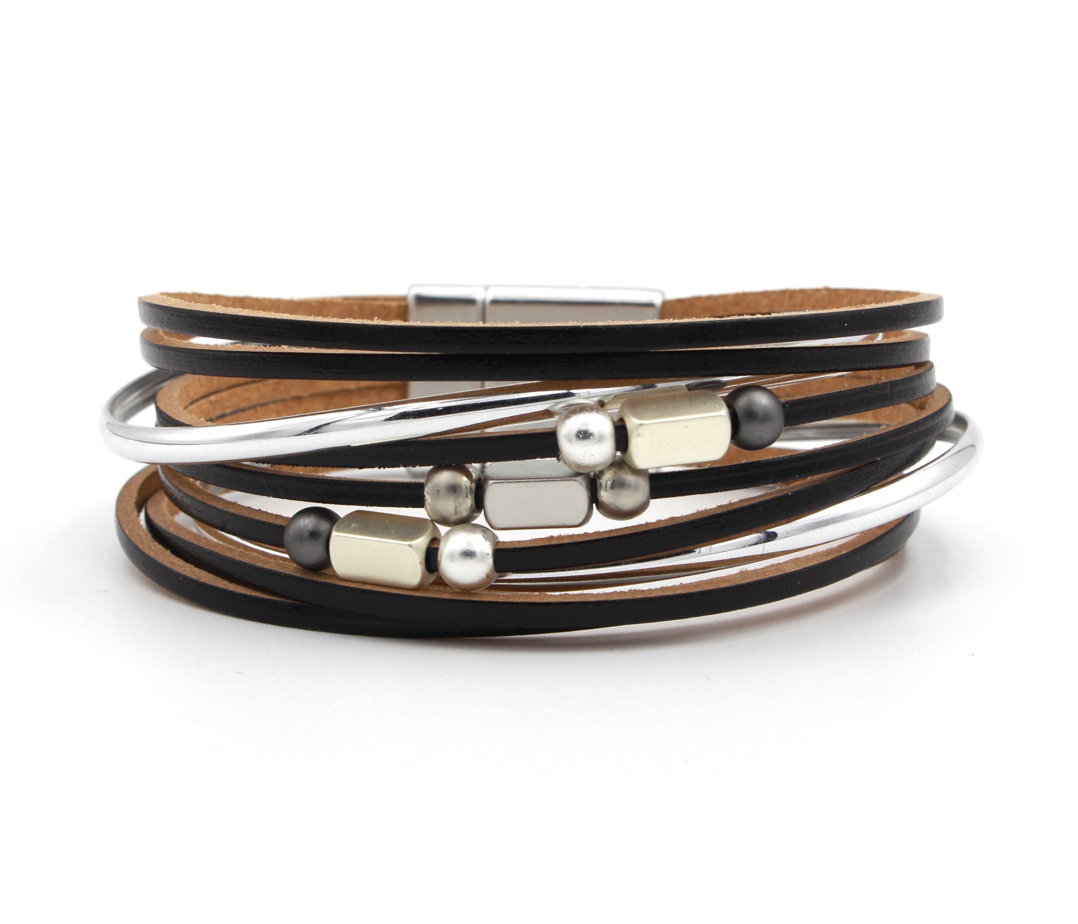 Multicolored Beaded Black Leather Bracelet