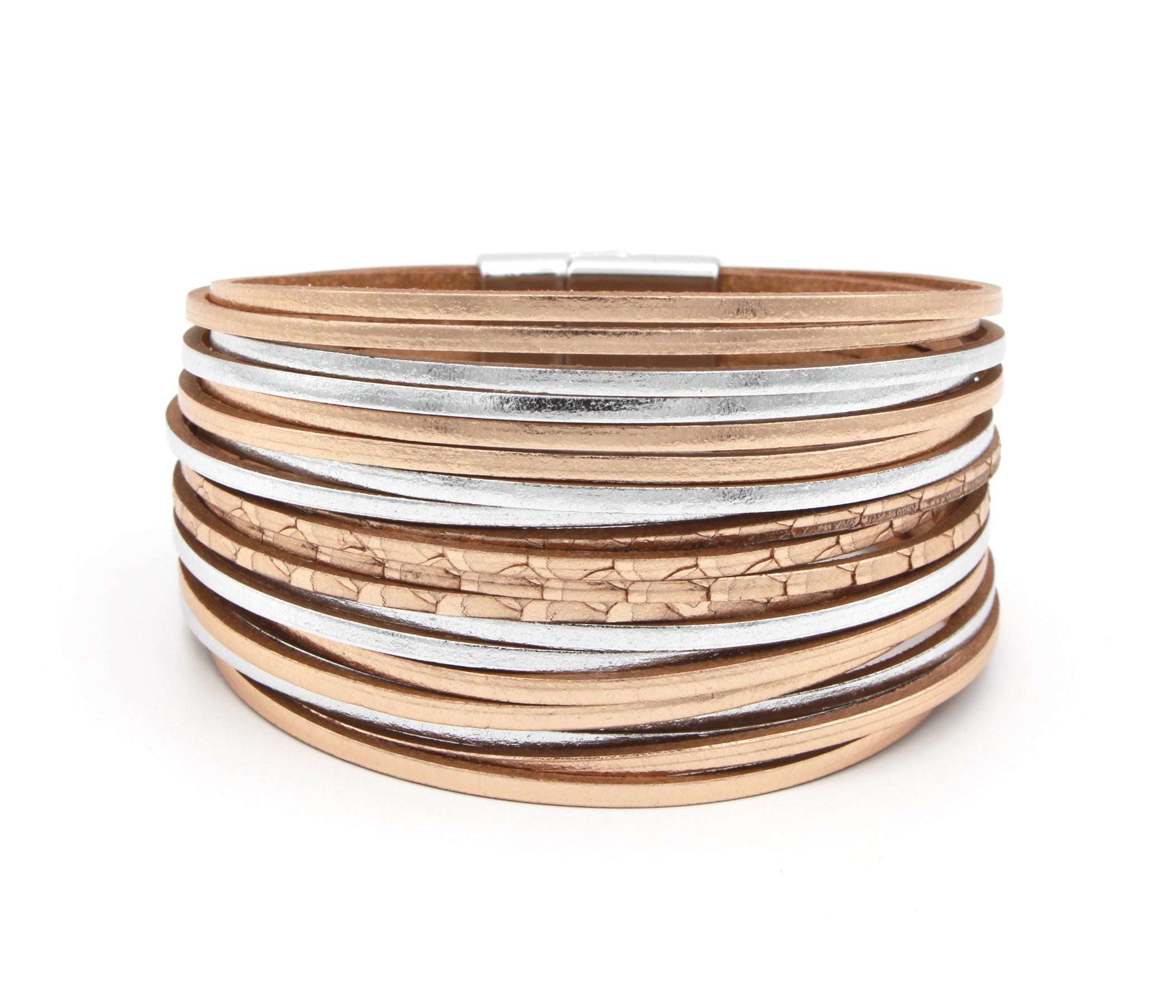 Multirow Matte Rose and Silver Champagne Leather Bracelet