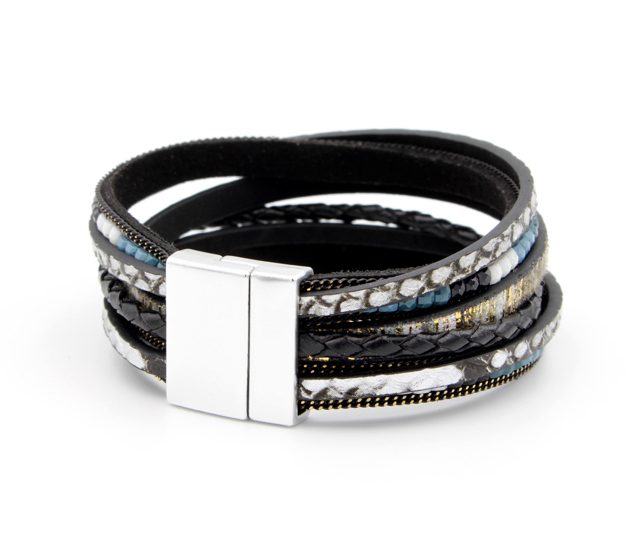 Elegante pulsera de cuero dorado y gris con estampado animal