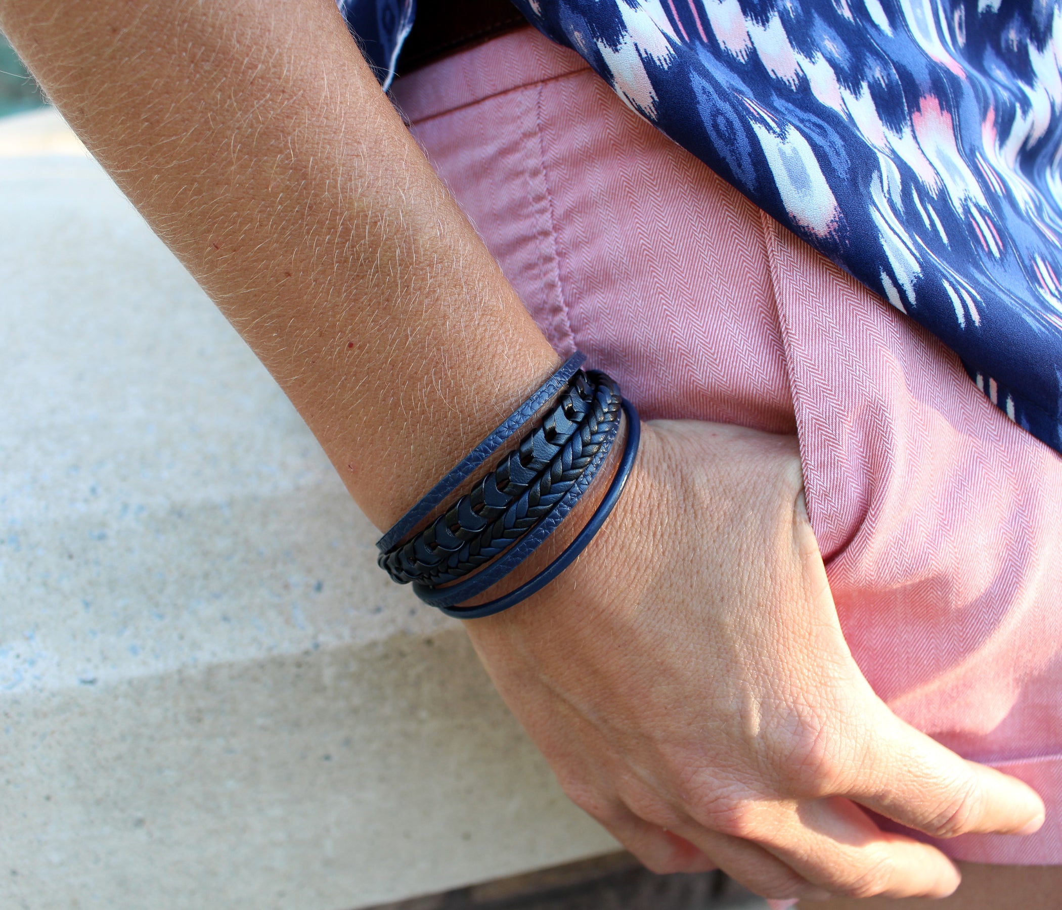 Layered Braided Navy Leather Bracelet