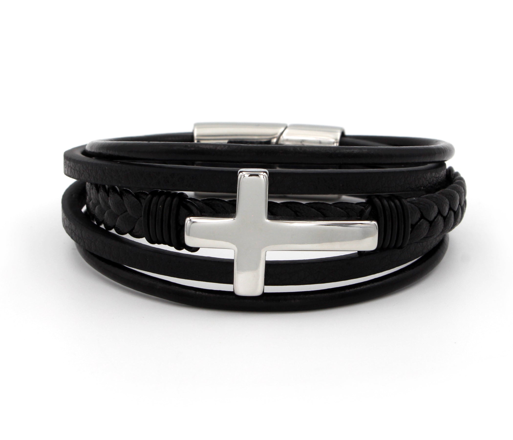 Cross Braided Silver Leather Bracelet
