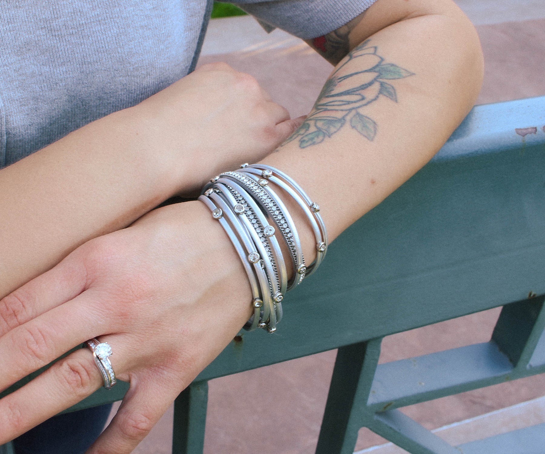 Silver Bezel Rhinestone Double Wrap Bracelet
