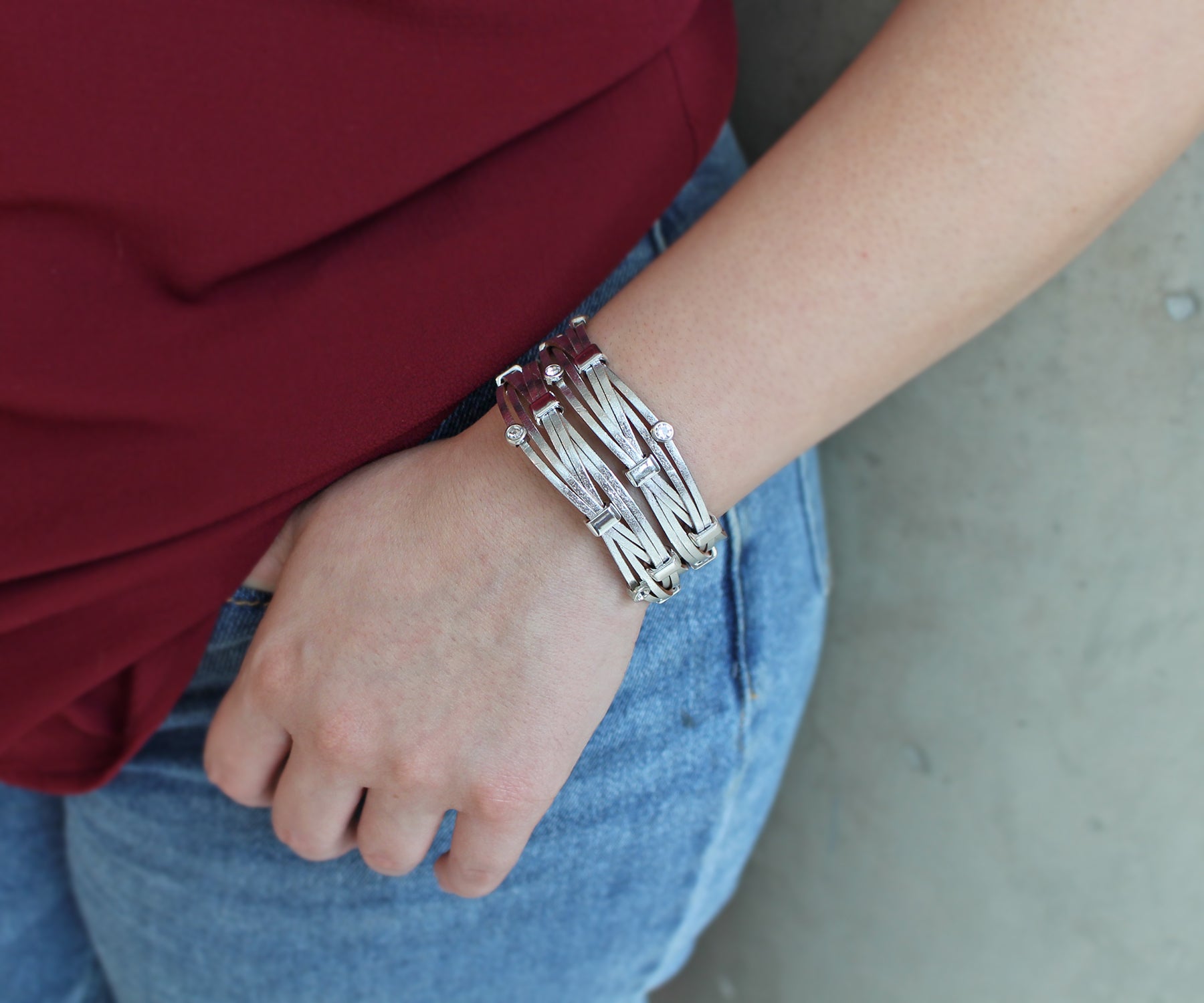 Weave Metallic Silver Rhinestone Leather Bracelet