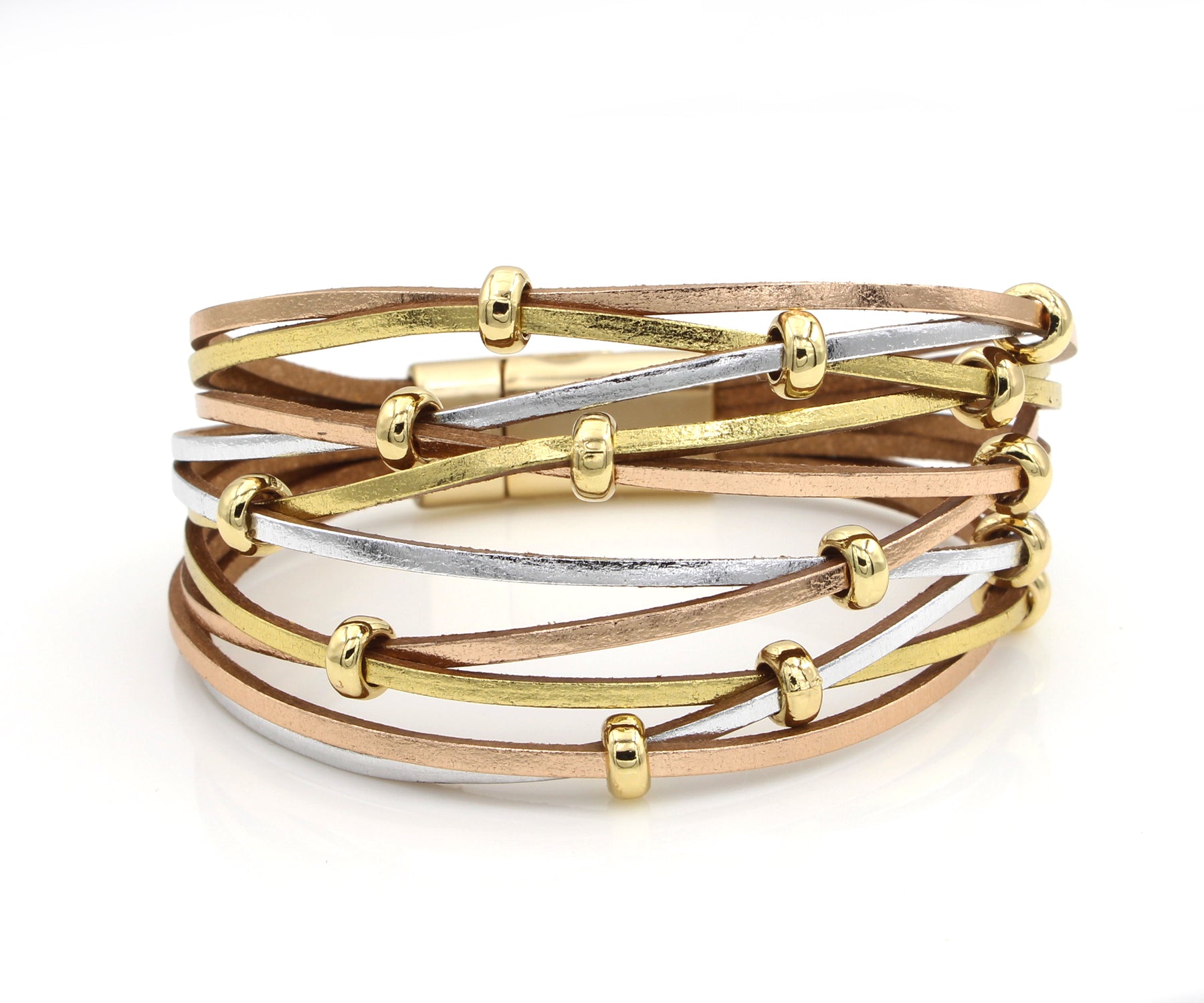 Weave Tri-Gold Beaded Leather Bracelet