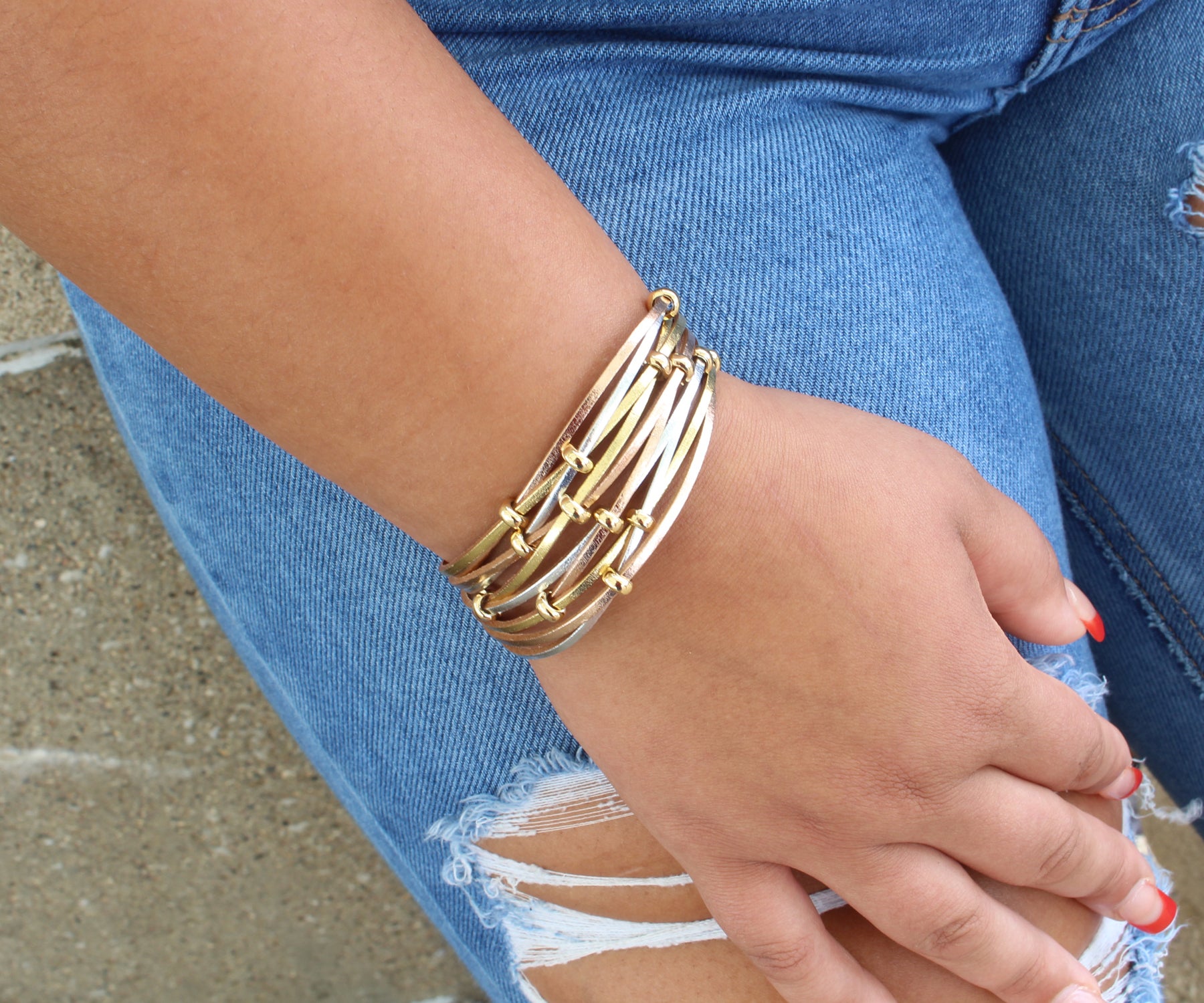 Weave Tri-Gold Beaded Leather Bracelet