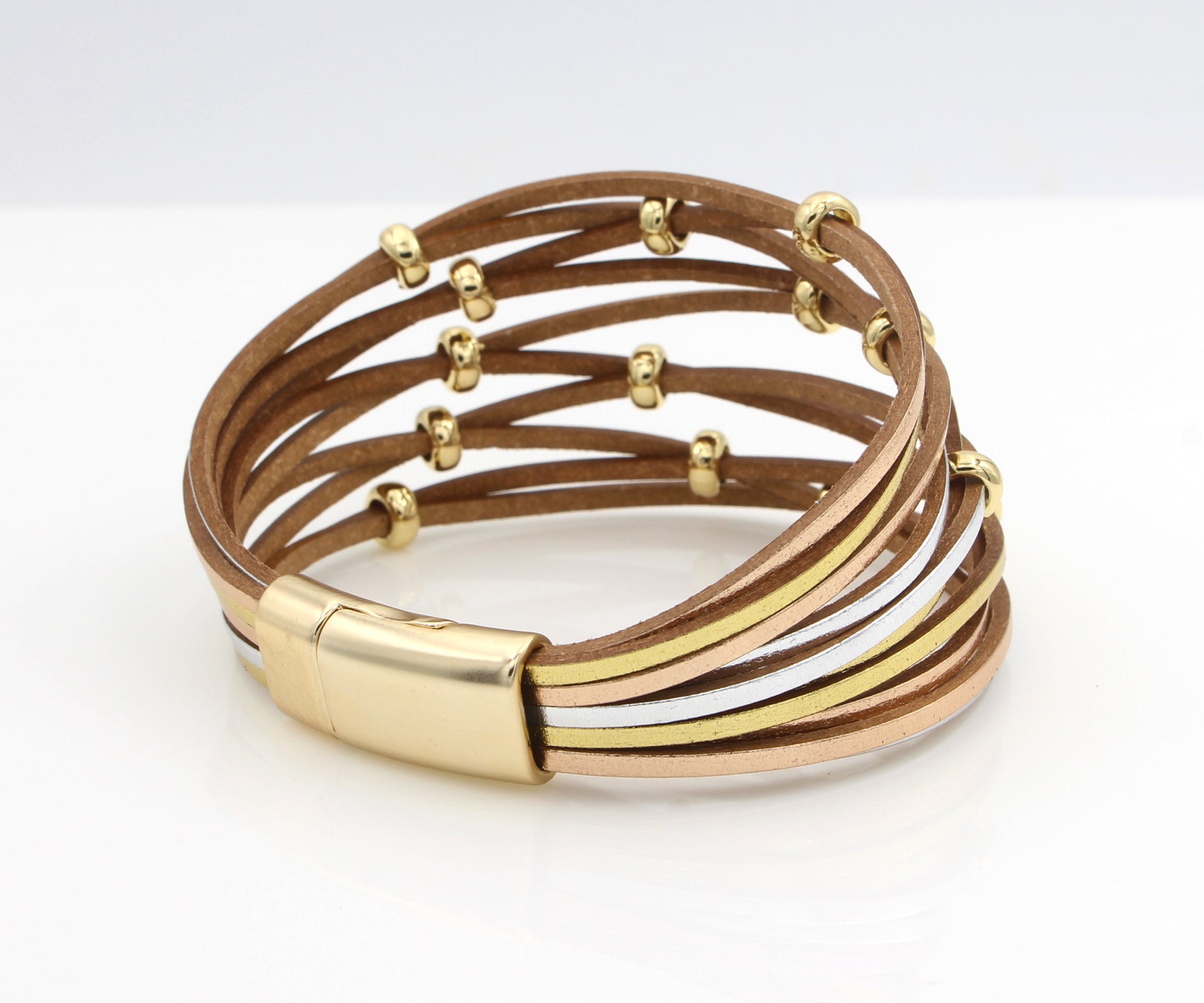 Weave Tri-Gold Beaded Leather Bracelet