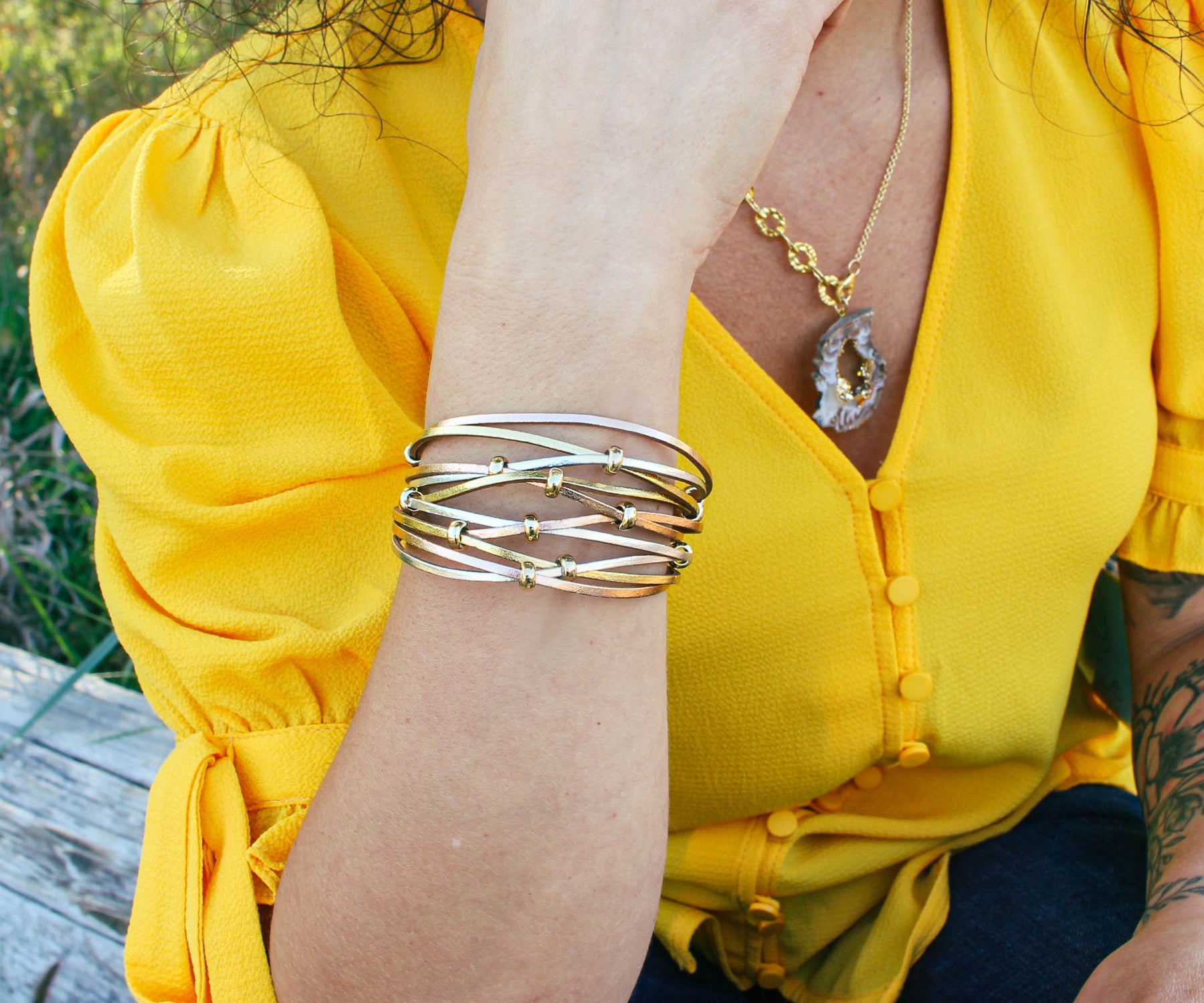 Weave Tri-Gold Beaded Leather Bracelet