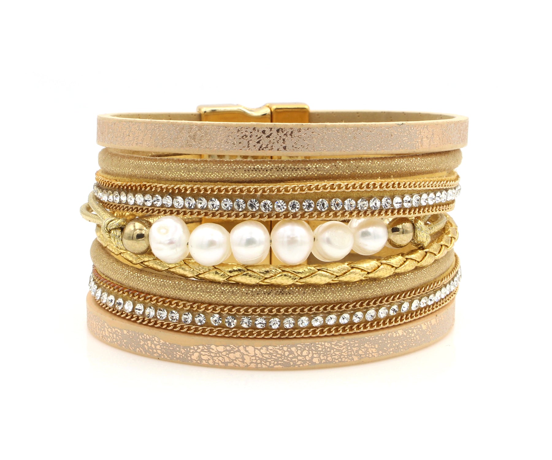 Wide Gold Sparkly Leather Pearl Bracelet