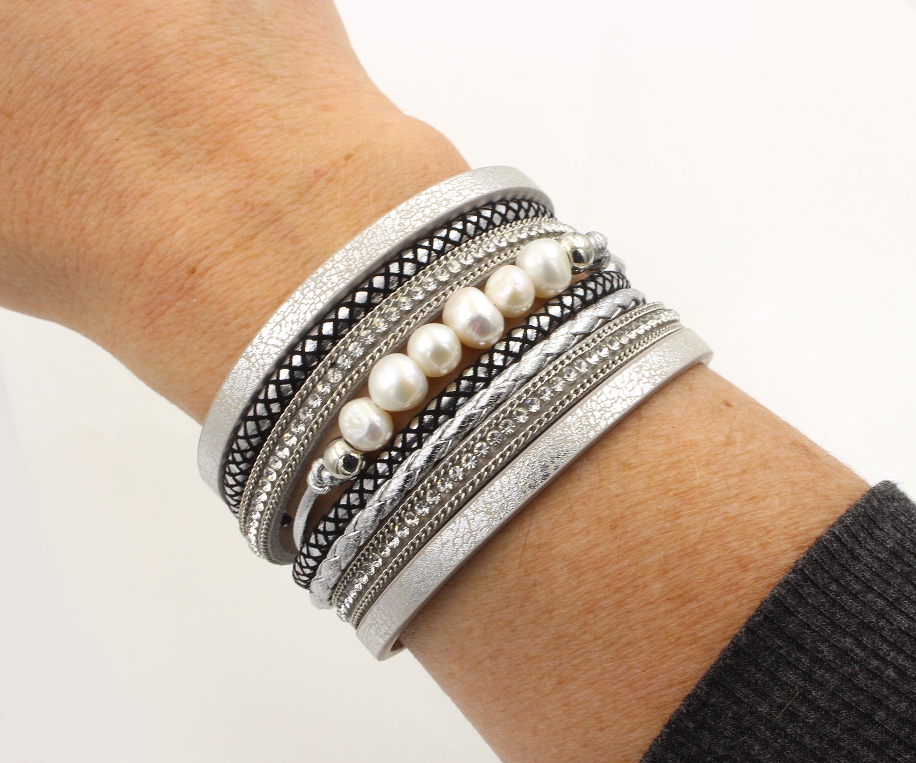 Wide Silver Sparkly Leather Pearl Bracelet