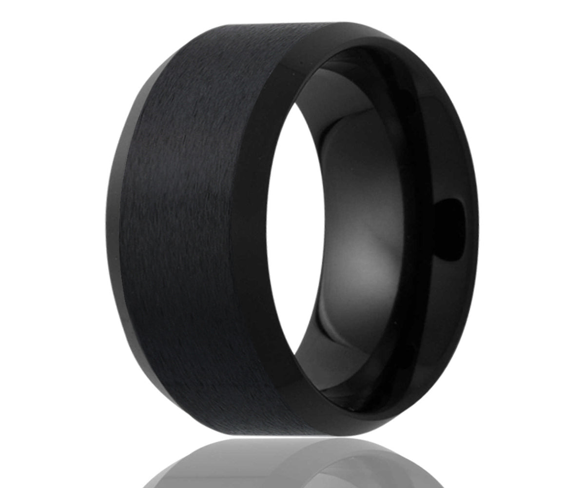 Black Ceramic Classic Beveled Edge Satin Ring
