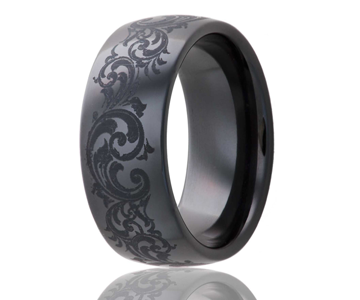 Black Ceramic Engraved Swirl Domed Ring