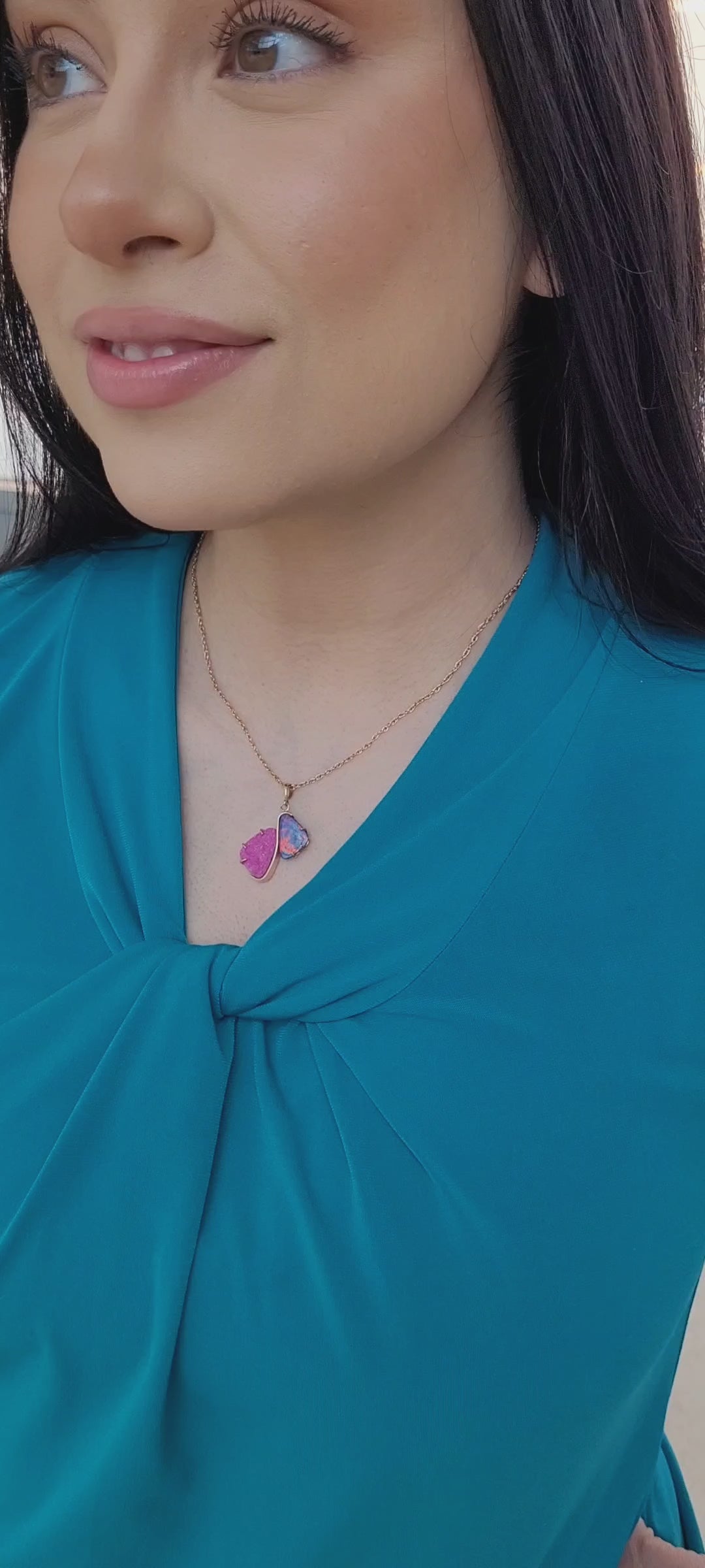 Double Drop Opal Pink Druzy Rose Gold Necklace