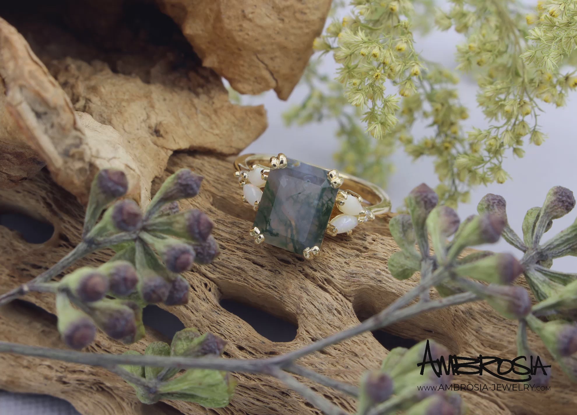 Simple Moss Agate Opal Marquise Gold Engagement Ring