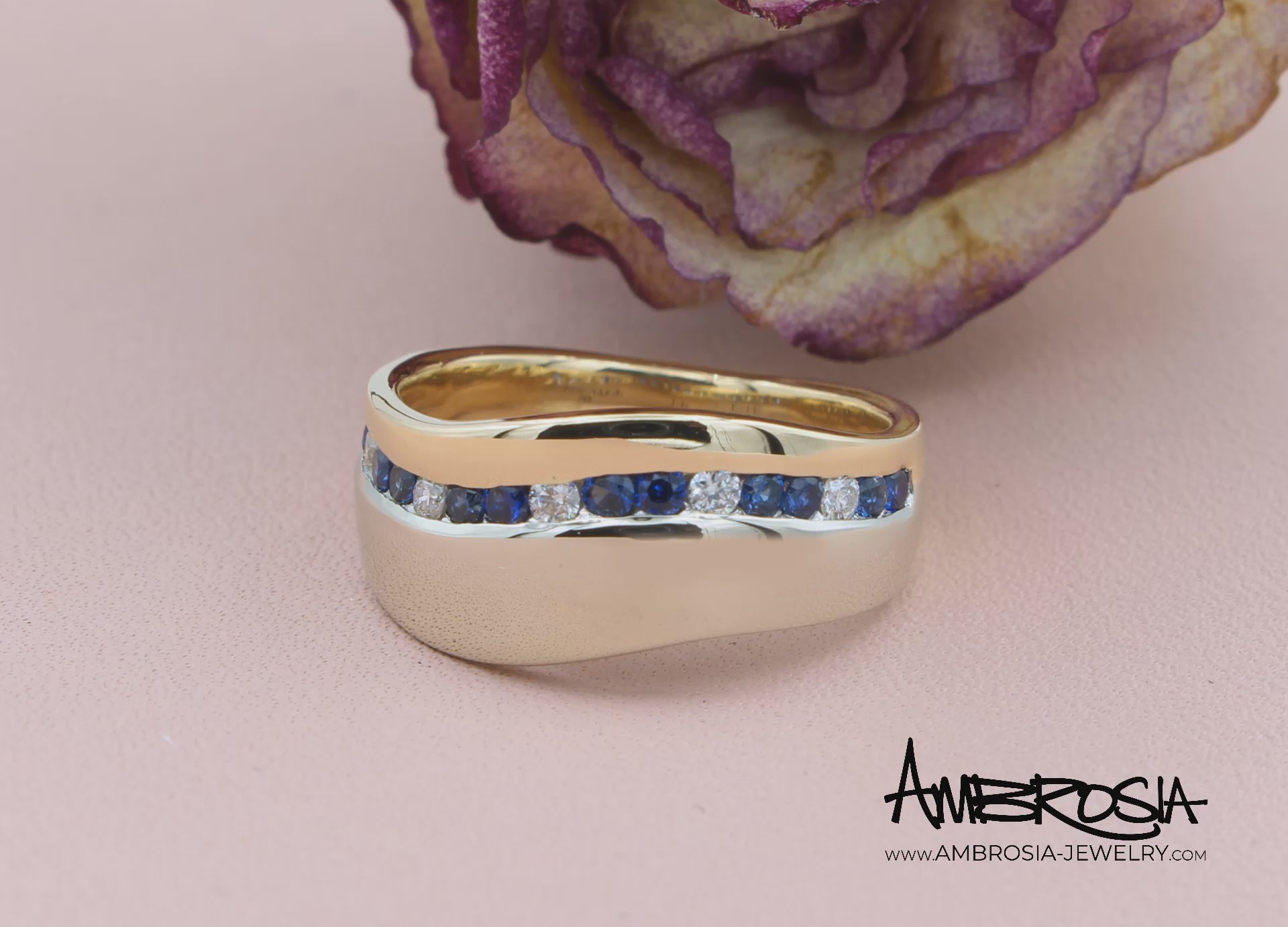 Wavy Two Tone Sapphire Diamond Channel Wedding Band