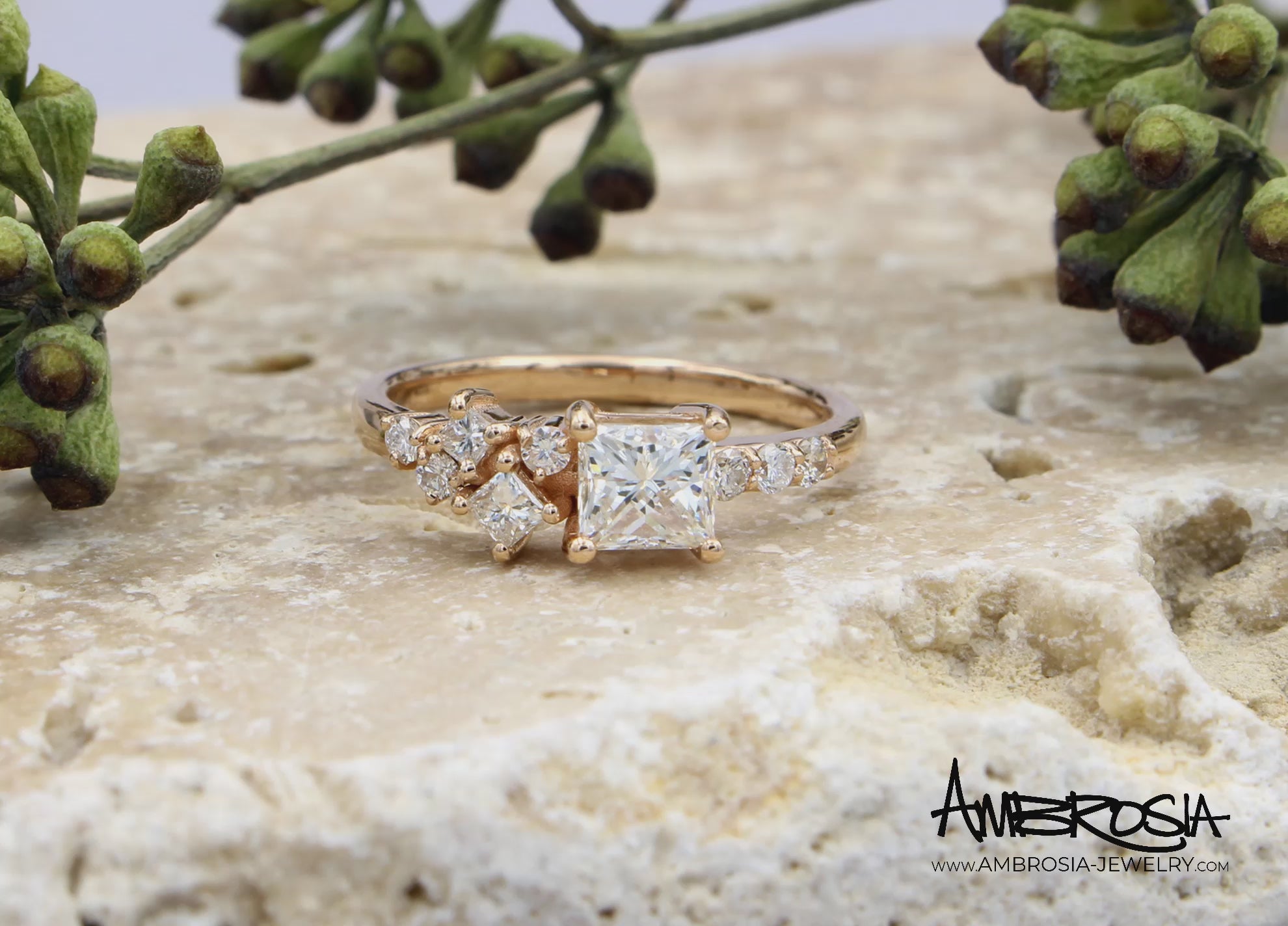 Princess Diamond Offset Cluster Rose Gold Ring