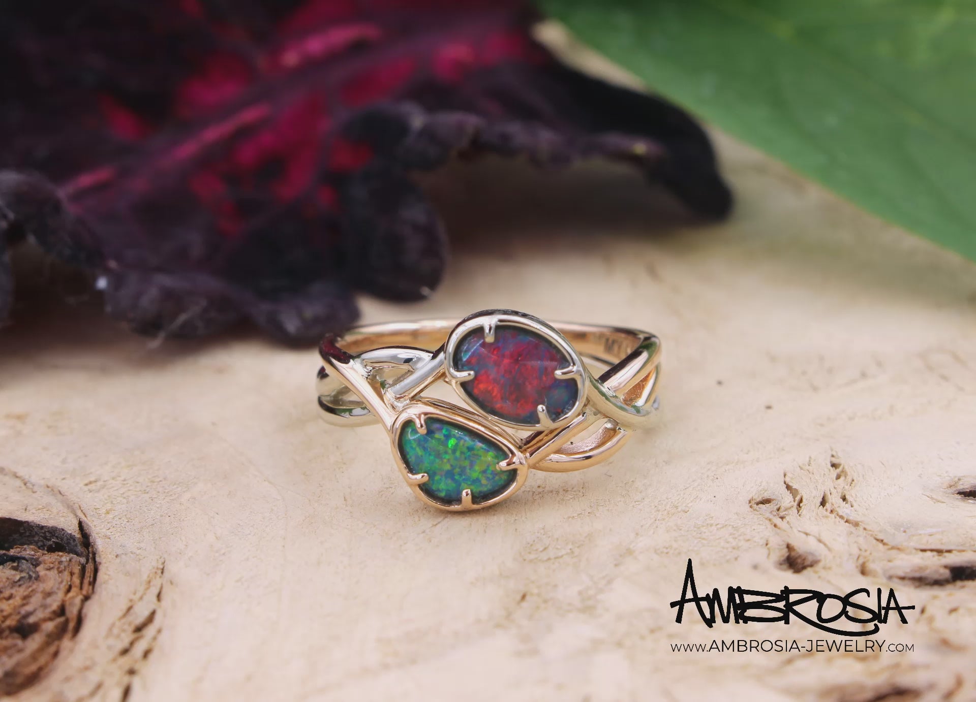 Two Tone Interlocking Black Opal Wedding Ring