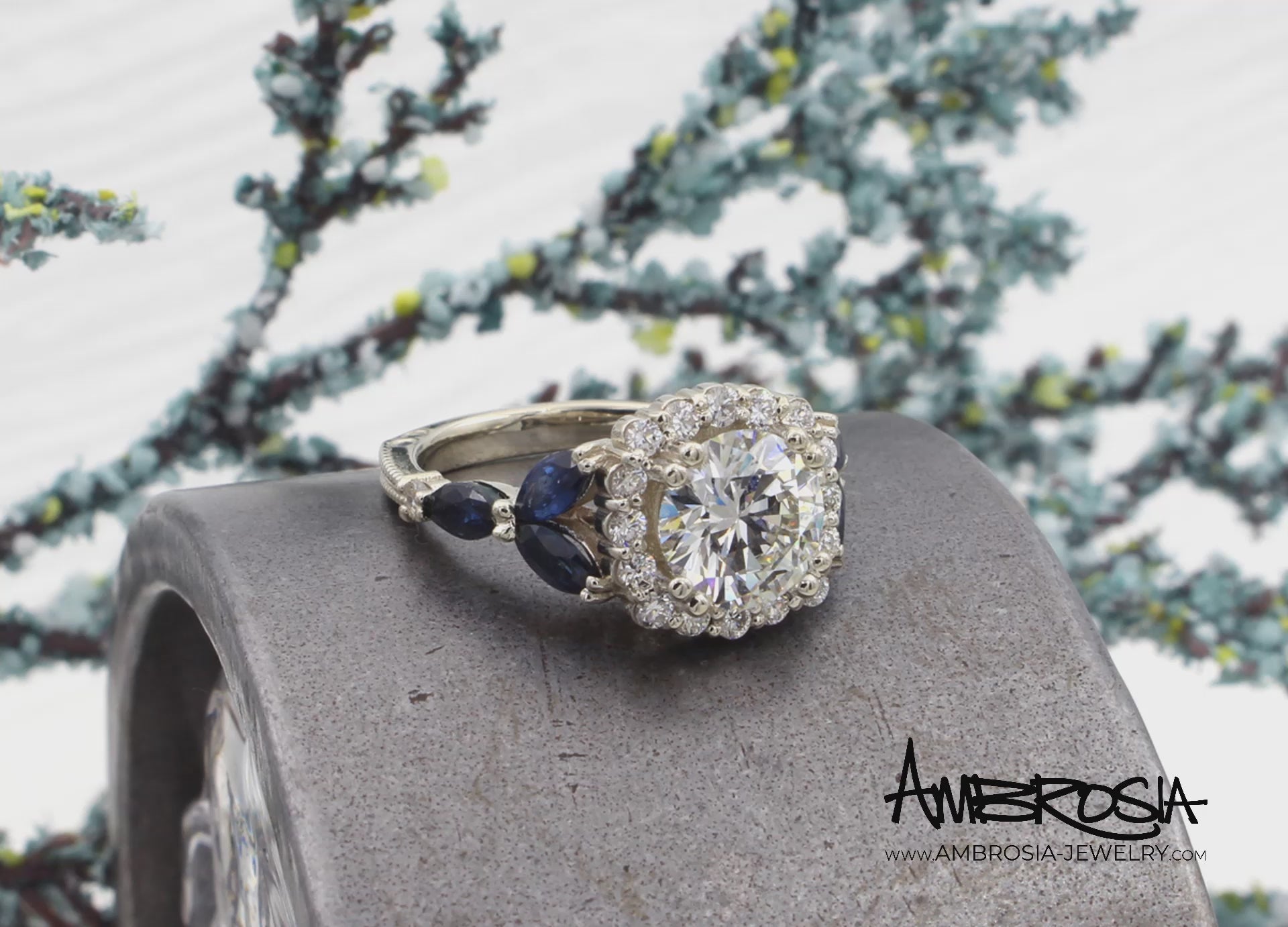 Cushion Diamond Marquise Sapphire Scalloped Halo Engagement Ring