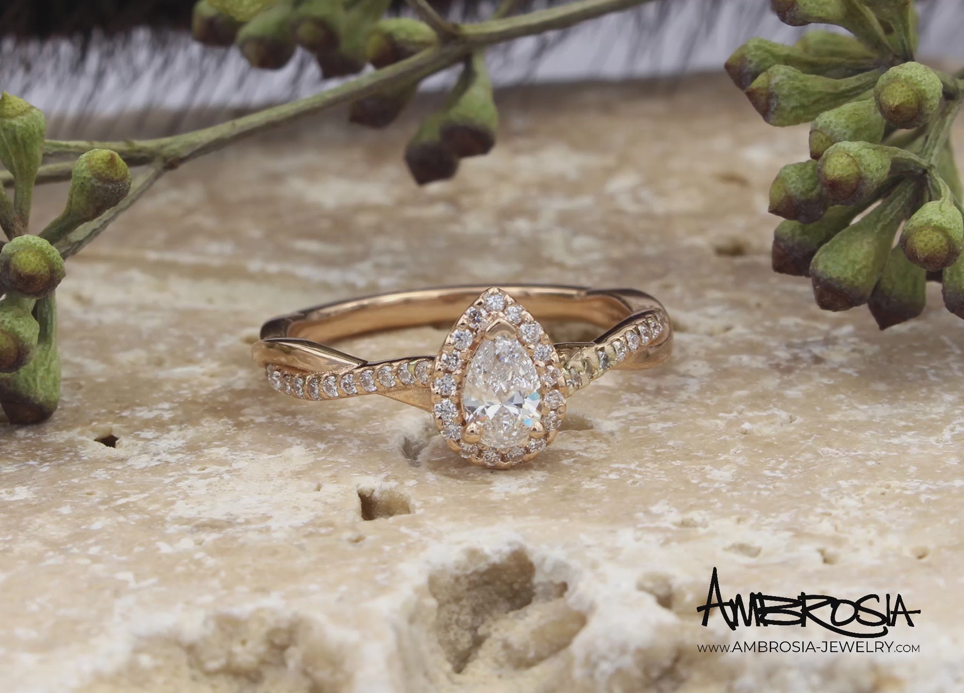 Pear Halo Twist Rose Gold Engagement Ring