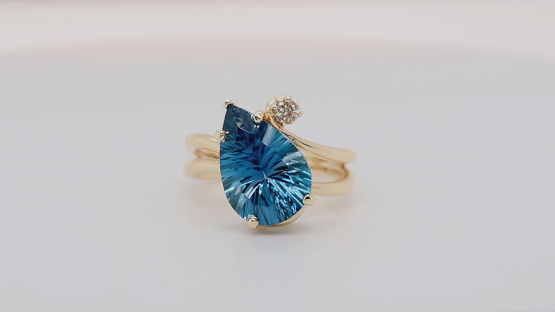 Offset Curved London Blue Topaz Diamond Gold Ring