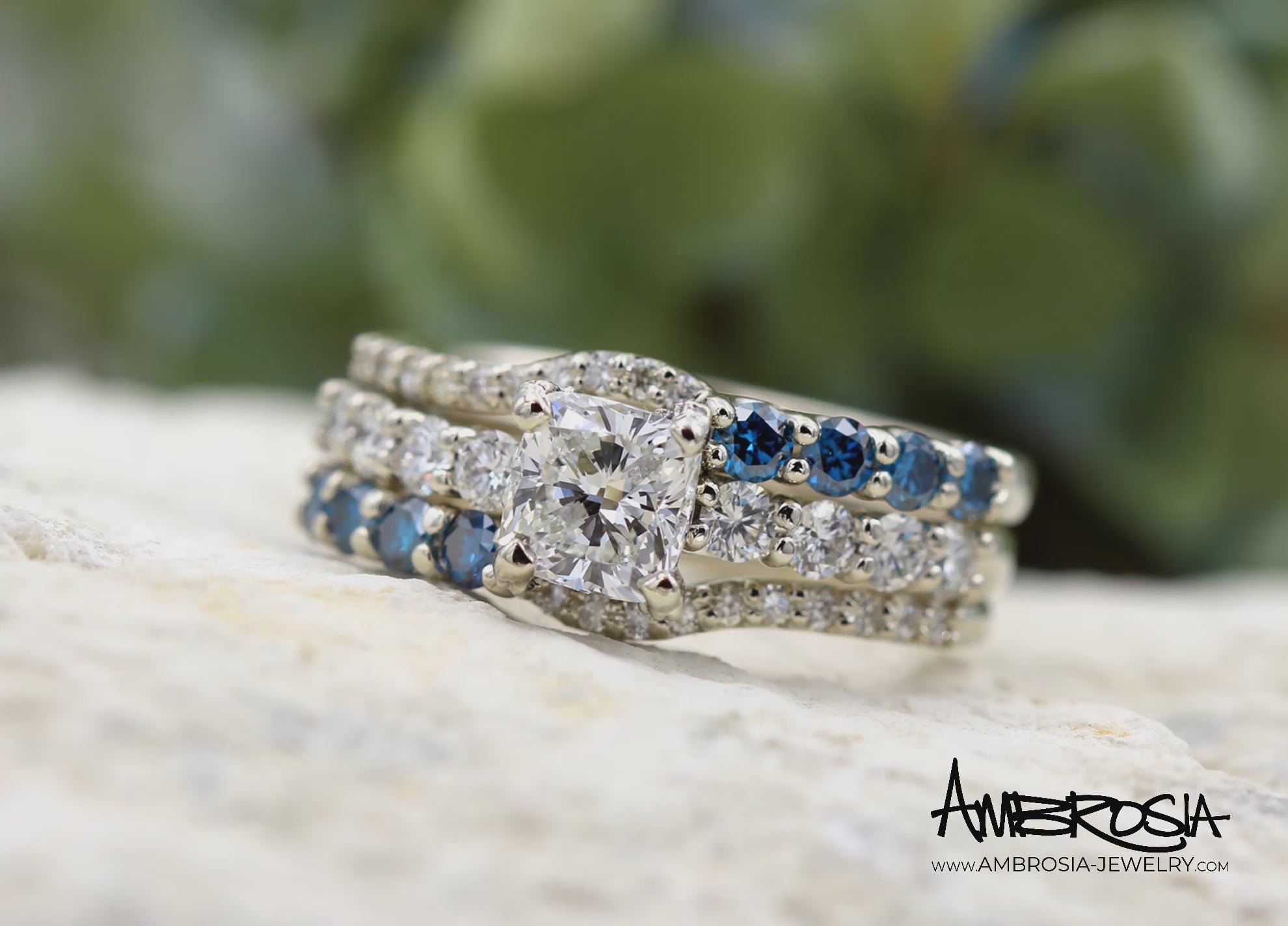 Classic Cushion Diamond and Blue Accent Wedding Ring