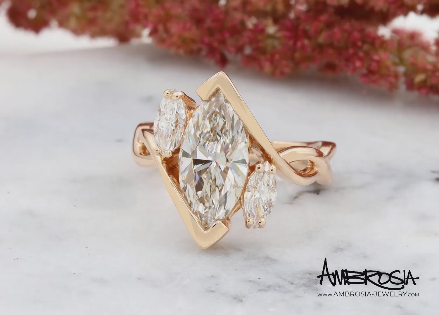 Twist Three Marquise Diamond Rose Gold Engagement Ring