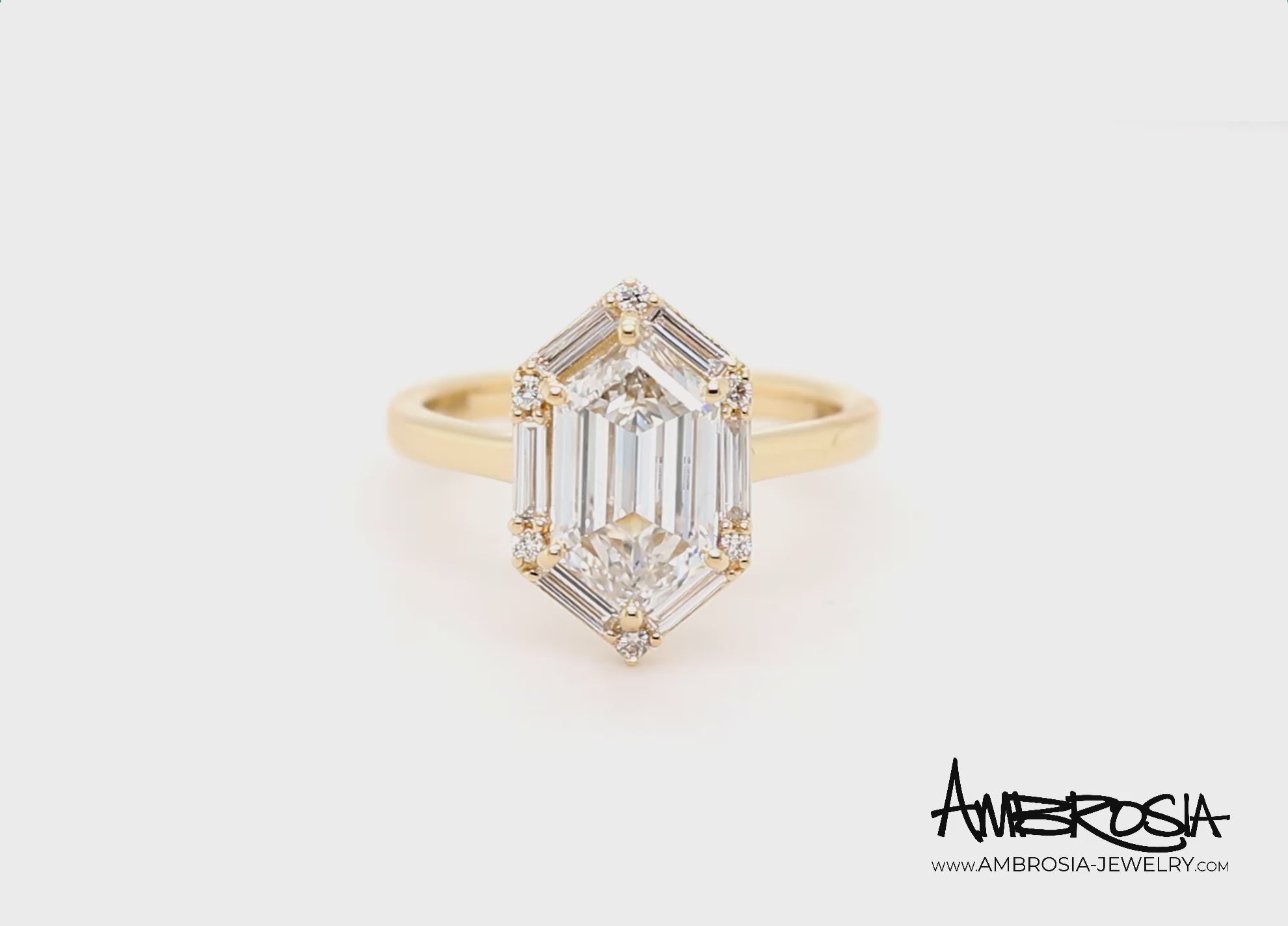 Hexagon Halo Baguette Diamond Engagement Ring