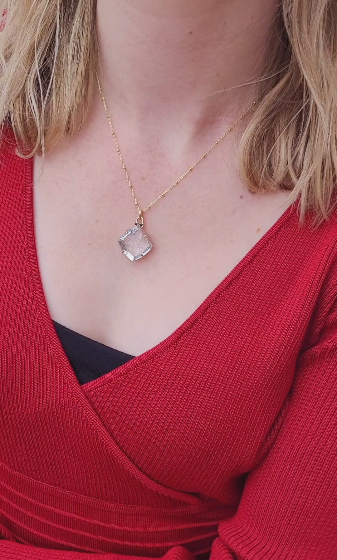 Rutilated Quartz Square Black Spinel Gold Necklace
